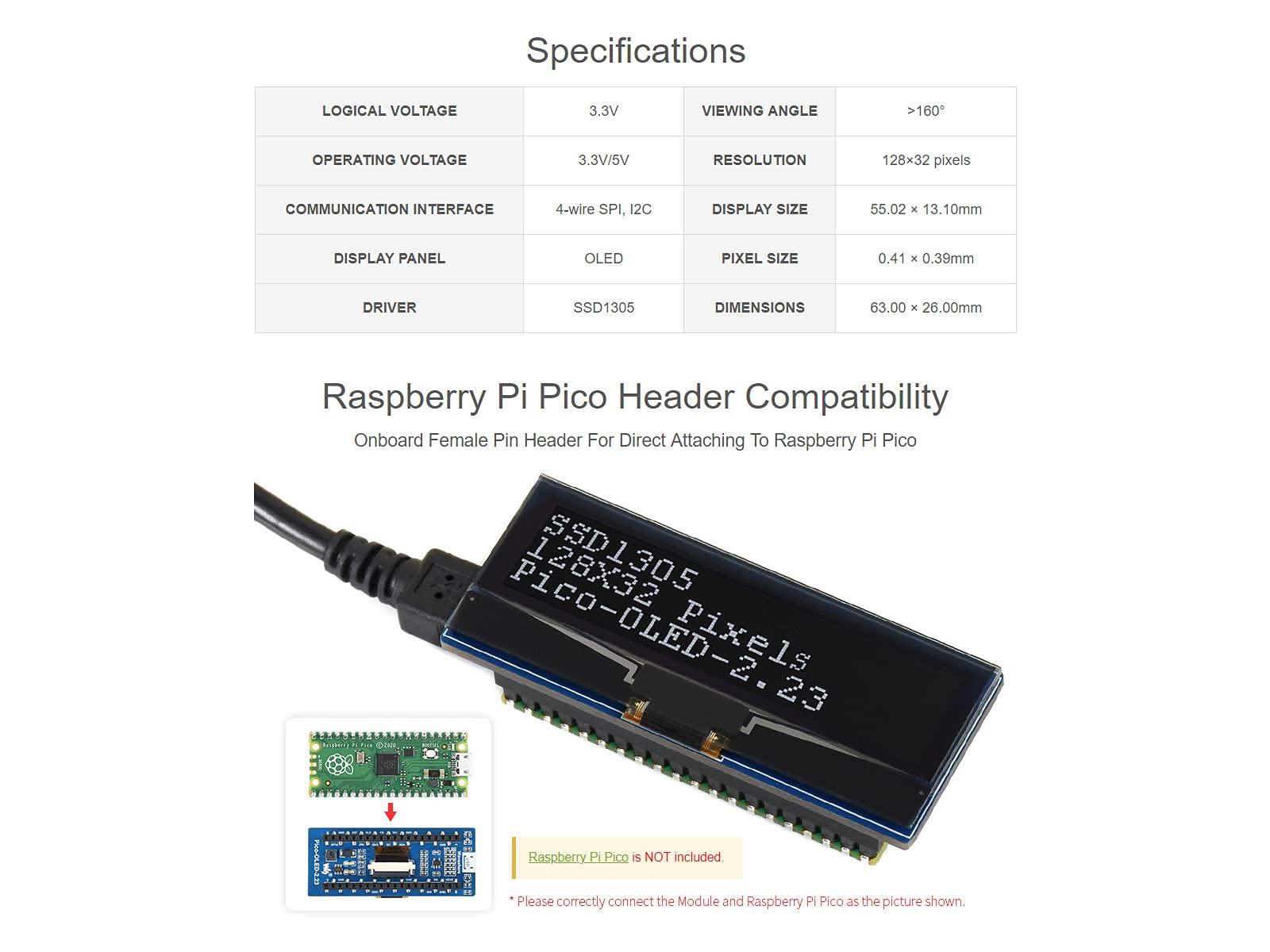 TOP1 Waveshare 2.23 inch OLED Display Module for Raspberry Pi Pico 128×32 Pixels Screen SPI/I2C Four-Wire SPI and I2C Communication Monitor @TOP1