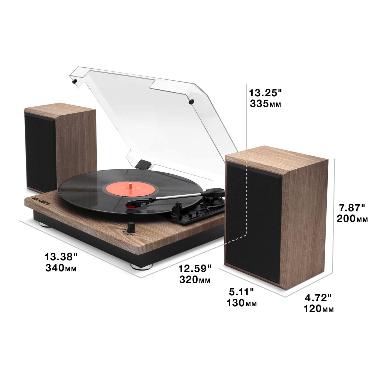 Victrola Victrola Montauk Vinyl Record Player, Black Wood Finish, 3-Speed Belt Driven Turntable with Stereo Bluetooth Speaker Pair, RCA Output and 3.5mm Headphone Jack, Removable Dust Cover