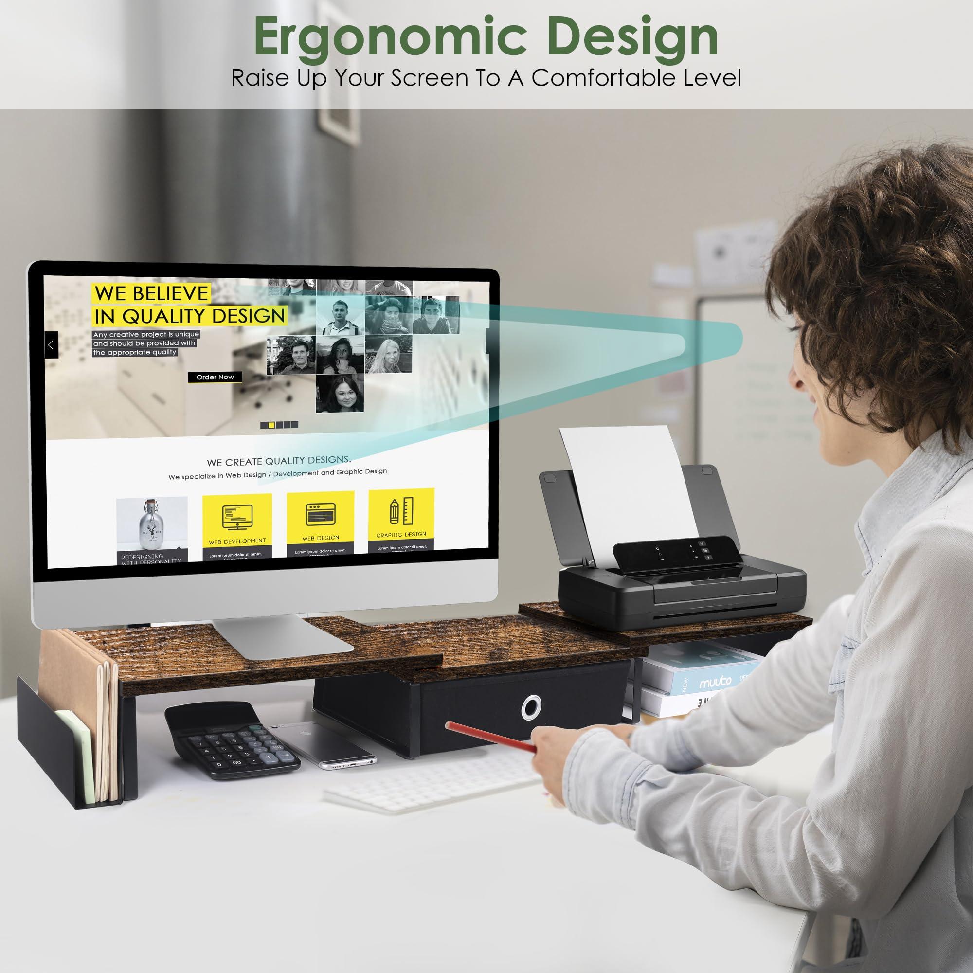 RUILALIFE RUILALIFE Dual Monitor Stand Riser With Drawer, Office Desk Organizers And Accessories, Computer Monitor Riser For 2 Monitors For Desk, Monitor Shelf With Adjustable Length & Angle