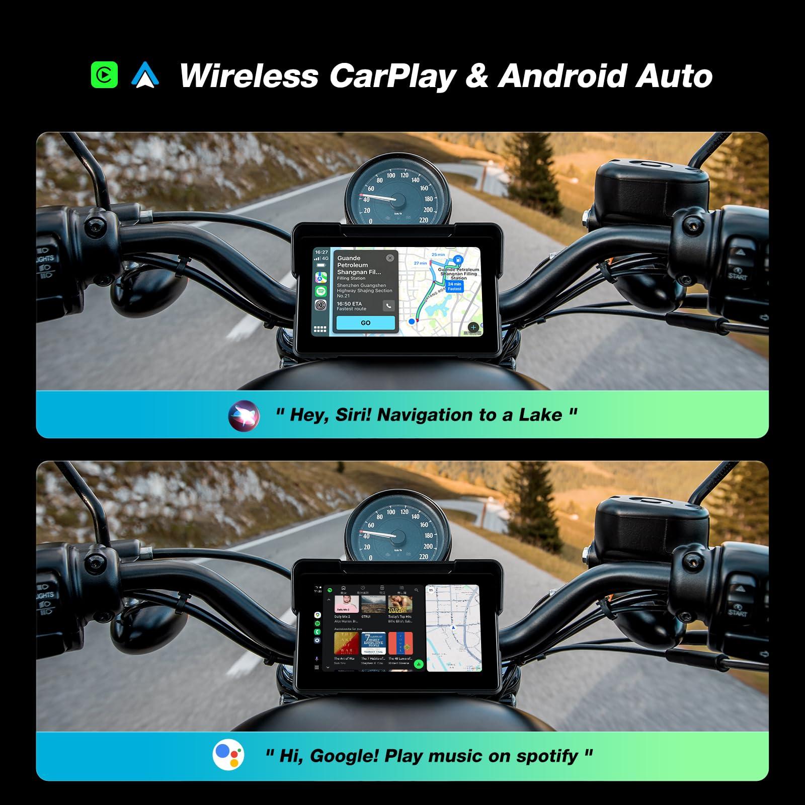 GTRUI 7 Inch Portable CarPlay for Motorcycle, Waterproof Touchscreen Wireless Car Play Android Auto Screen GPS Navigation for Motorbike, Siri Voice Control Dual Bluetooth TF-64G (M570 w/Cameras)