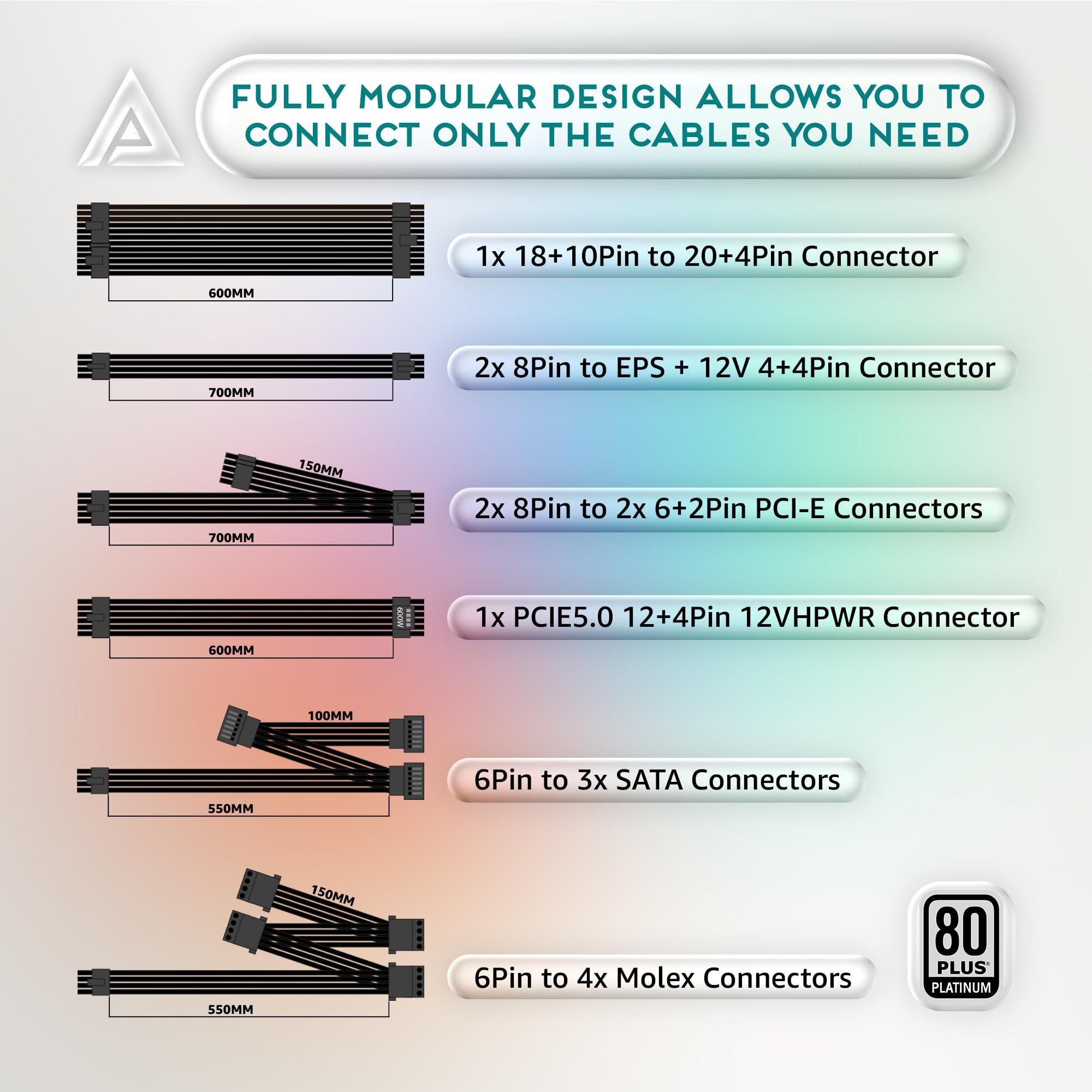 Apevia Apevia ATX-MT1200W Mystic 1200W Fully Modular 80+ Platinum Certified, PCIe 5.0 & ATX 3.0 Ready Active PFC ATX RGB Gaming Power Supply, Includes Gen 5 12VHPWR Connector & 366 RGB Light Modes