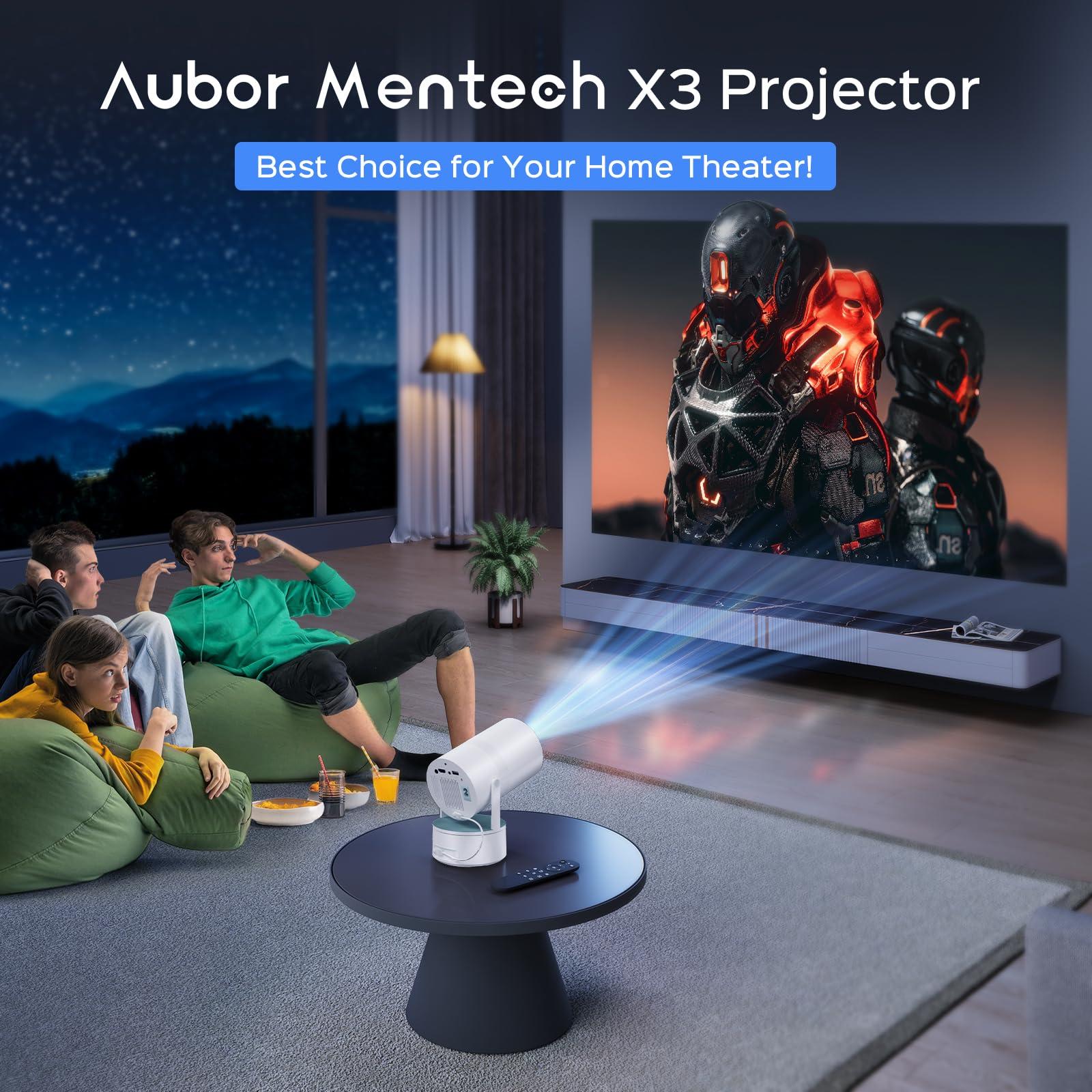 AUBOR MENTECH [Built-in Battery] Mini Projector with Wifi and Bluetooth, Rechargeable Portable Outdoor Smart Projector with Support 4K Decoding, Electric Focus Home Theater for Phone, White