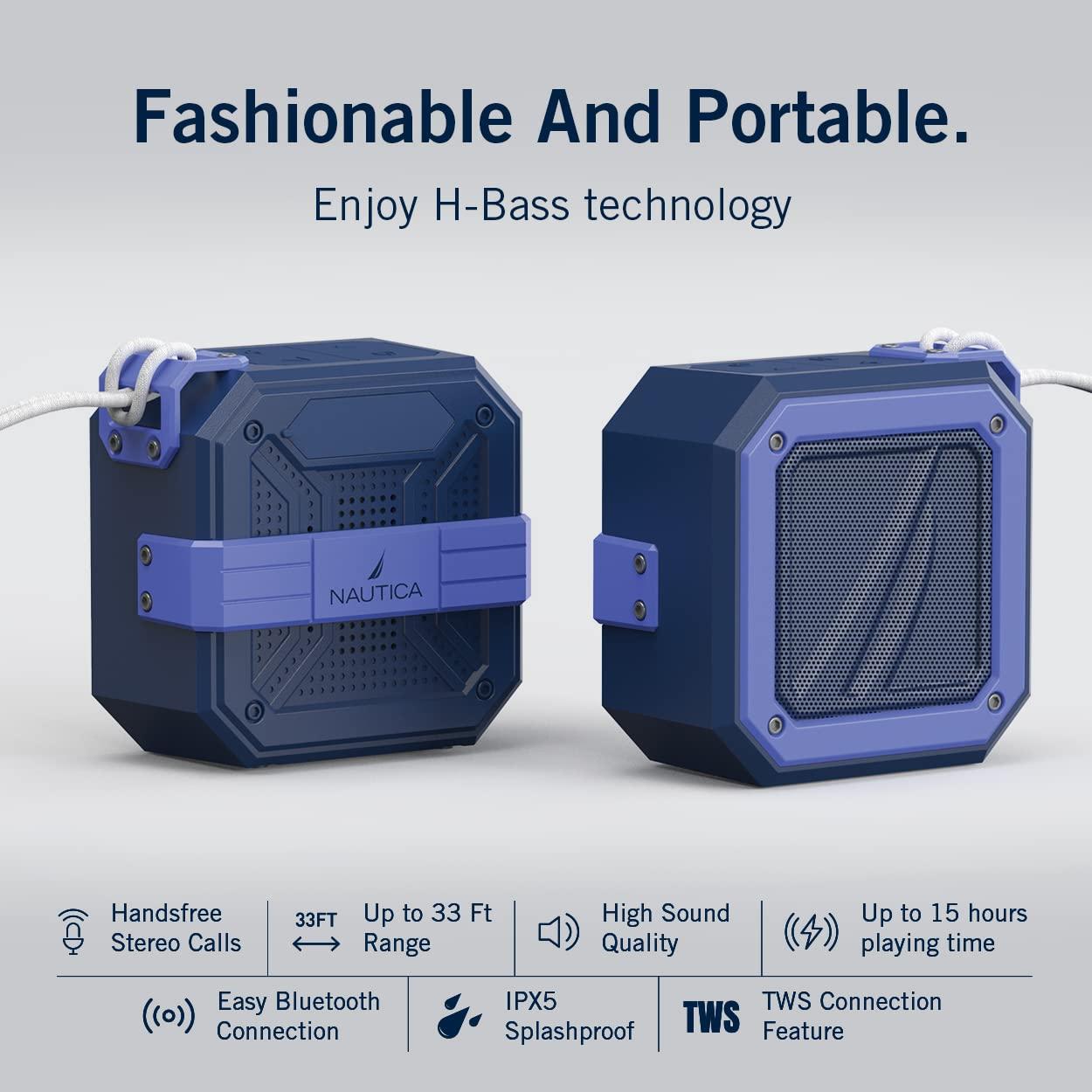 Nautica Nautica Bluetooth Portable Speaker, Waterproof Wireless Speaker, Outdoor Speaker, Bluetooth Patio Speakers, Loud Sound, Clear Audio, USB Drive, 15-Hour Playtime (Navy-Blue)