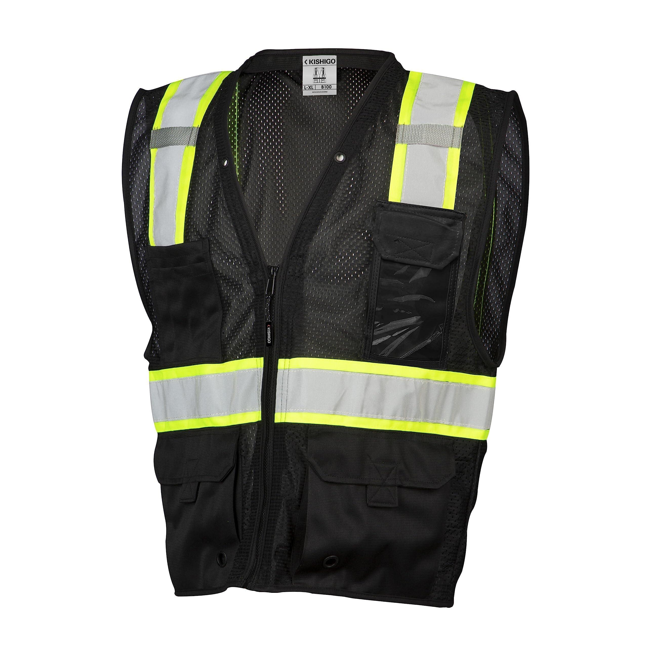 ML Kishigo Kishigo Black Enhanced Visibility Unisex Vest B100, Multi Pocket Mesh Hi-Vis Vest, Ultra-Cool Polyester Material, 6 Pockets, Zipper Front Closure, Construction Work Safety Vest (Black EV, LG-XL)