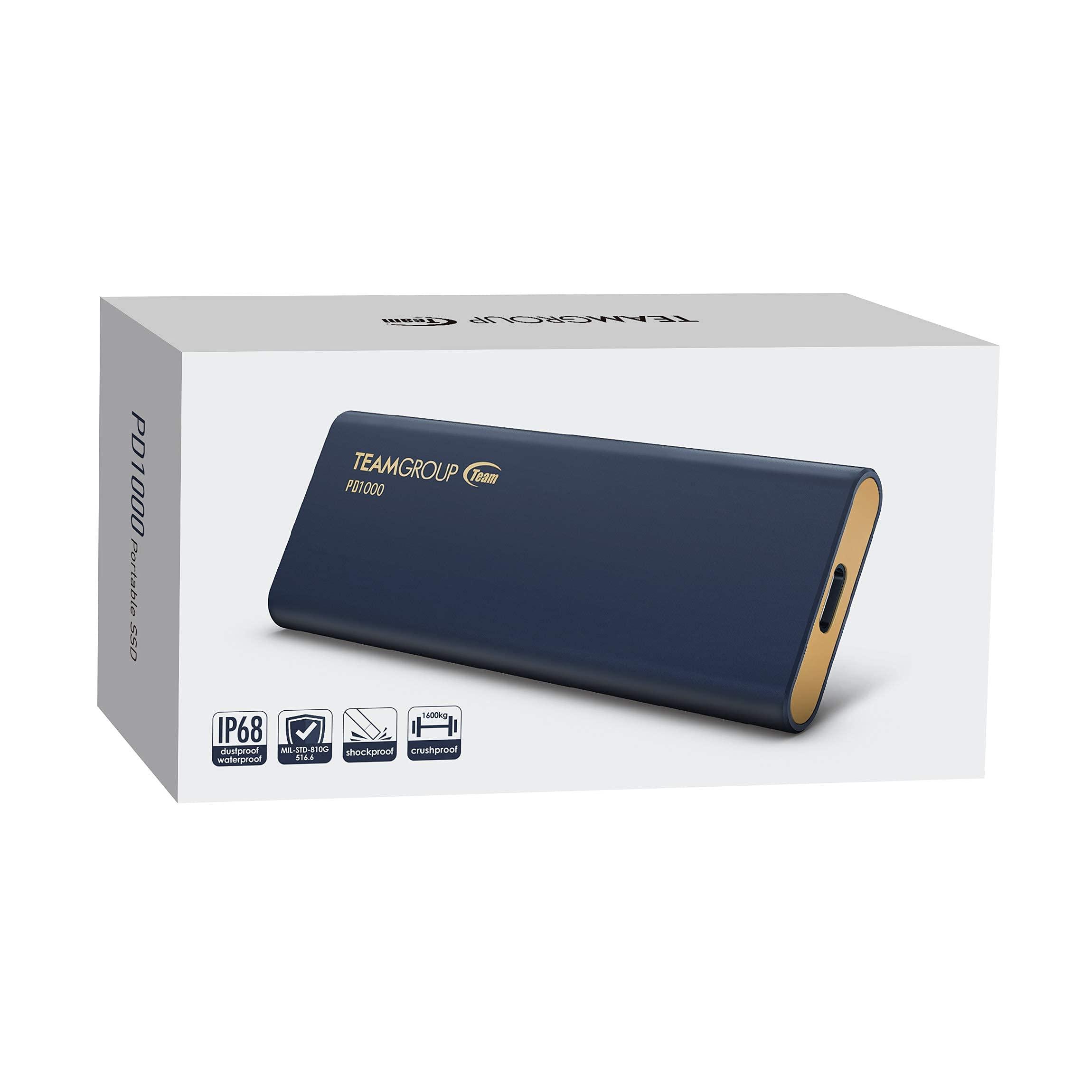 TEAMGROUP TEAMGROUP PD1000 512GB Aluminum Portable External Solid State Drive SSD, Read up to 1000MB/s, USB-C, USB A 3.2 Gen 2, Waterproof, Dustproof (IP68), Shockproof, Pressure Resistant (T8FED6512G0C108)