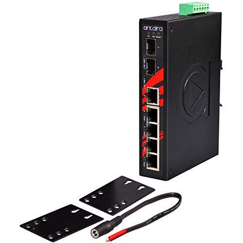 Antaira Technologies Antaira LNP-0702C-SFP-T Industrial-Grade 7-Port PoE Unmanaged Gigabit Ethernet Switch, 2 SFPs, DIN-Rail Mount, -40 to 75°C Operating Temperature, Redundant 48 to 55 VDC Power Input, 5-Year Warranty