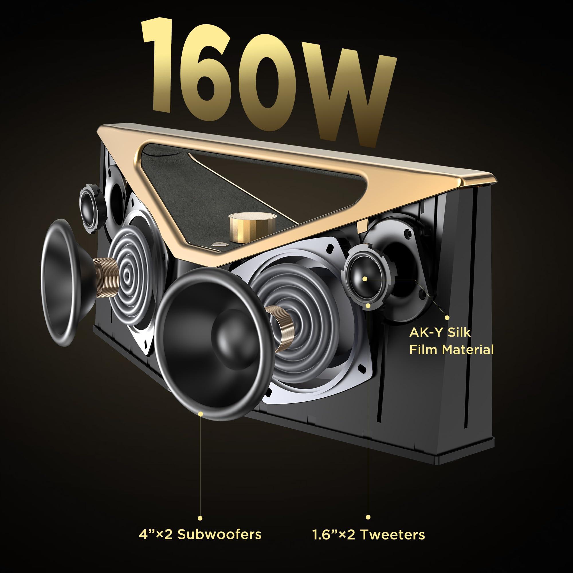 BUGANI BUGANI Brief Pro Portable Bluetooth Speaker 160W, Hi-Res Audio, 12H Playtime, Loud Speaker with Subwoofer for Jazz, Outdoor Speaker for Camping, Beach, Party, Golden