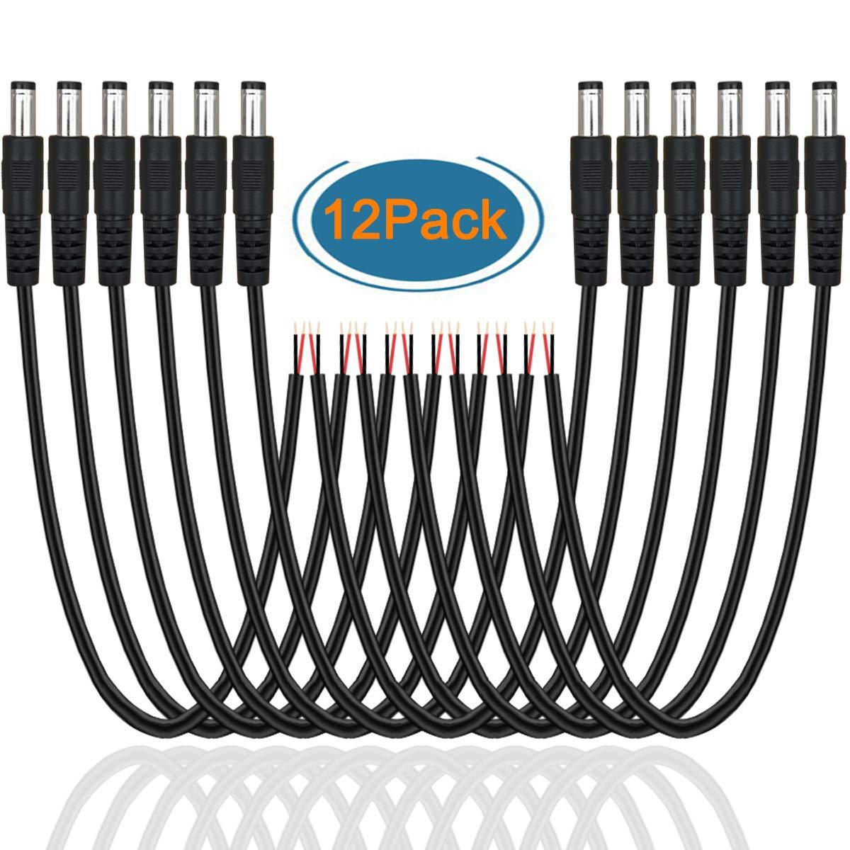 SIOCEN 12 Pack DC Power Cable 12v DC Power Plug Cord Male Connectors 2.1mm x 5.5mm DC Pigtail Adapter Barrel Jack Socket Wire for CCTV Security Camera,DVR,Car Rearview Monitor System Video,LED Strip Light