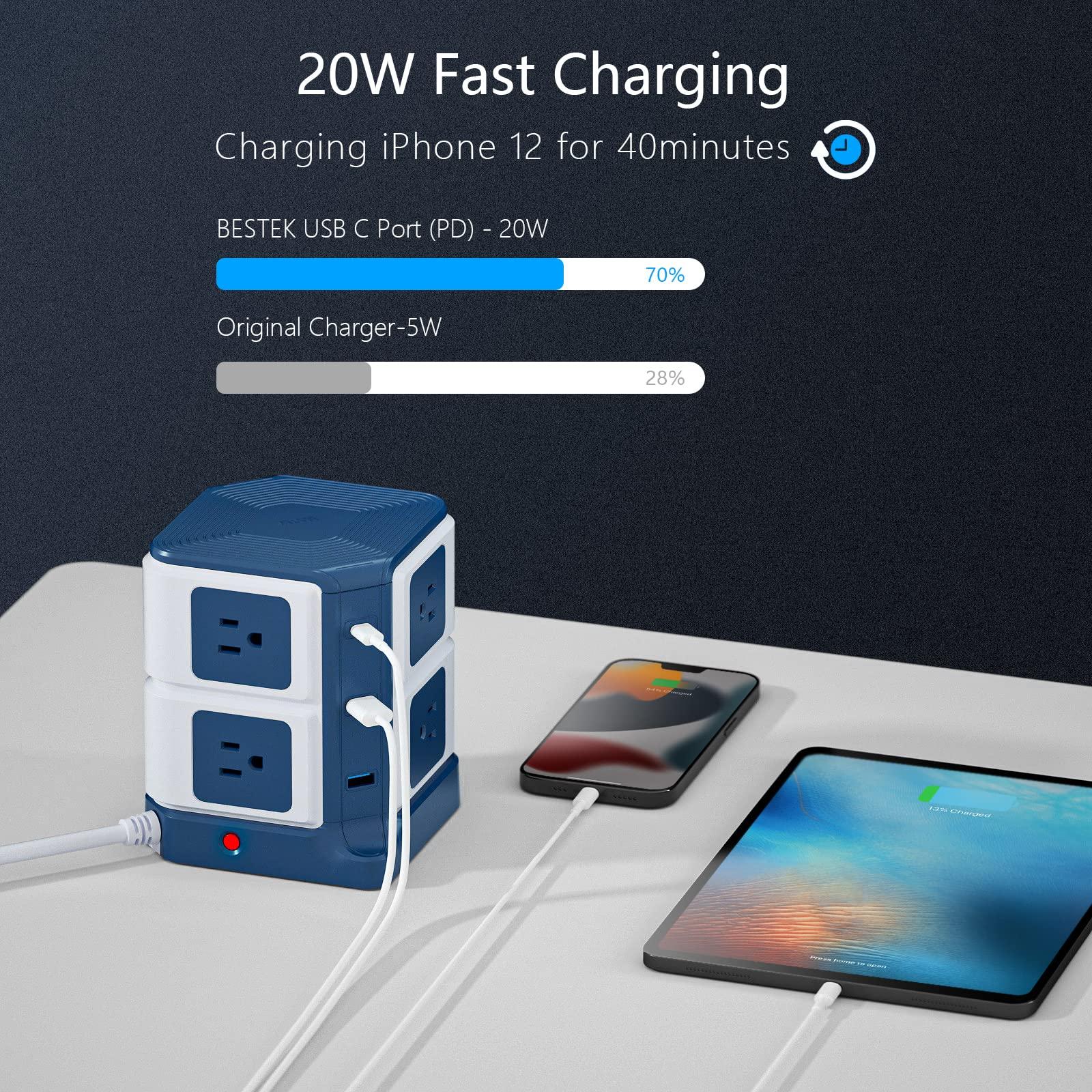 BESTEK Power Strip Tower with PD20W USB C, BESTEK 8-Outlet and USB Charging Ports 2100 Joules Surge Protector, 5 Feet Extension Cord Flat Plug, ETL Listed