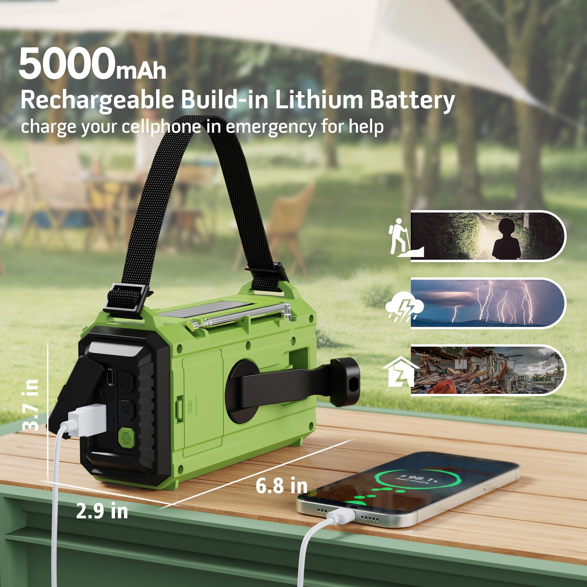 Mesqool Emergency Radio,5000 NOAA Weather Radio with AM/FM/NOAA/SW,SOS Battery Operated Radio,5 Way Powered Emergency Hand Crank with USB Charger, Flashlight, Reading Lamp, Headphone Jack for Outdoor