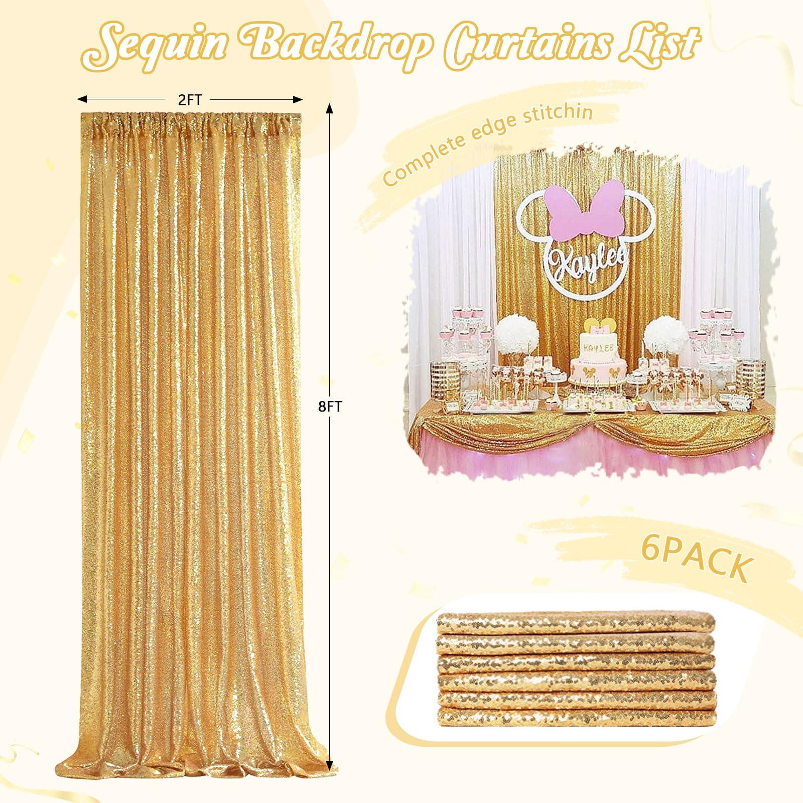 QueenDream Gold Sequin Backdrop Curtain Drapes - Glitter Gold Curtains 6 Pieces 2ftx8ft Wedding Background Party Stage Birthday Decorations