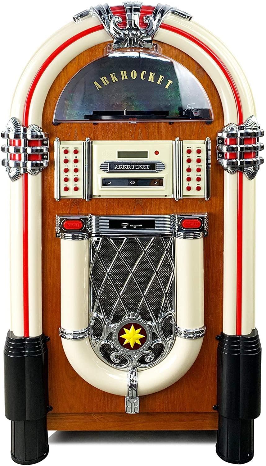 arkrocket Arkrocket Full Size Jukebox Vinyl Record Player Bluetooth USB SD CD Player Radio Retro Turntable Classic Jukebox (Taurus - Classic)