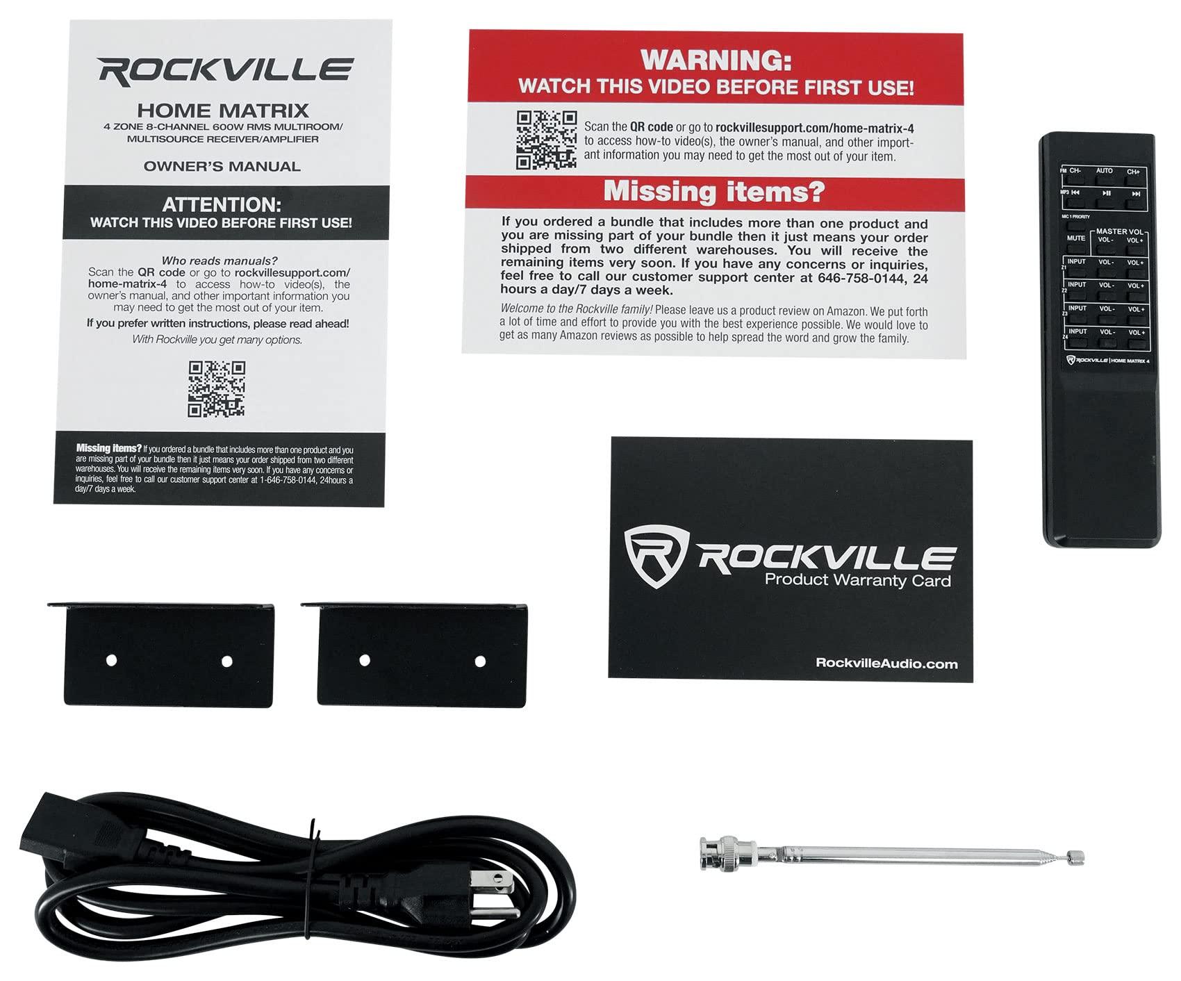 Rockville Rockville Home Matrix 4 4-Zone 8-Channel 600W Multi-Room/Source Receiver Amplifier, Bluetooth, USB, Optical, FM Radio, Includes Remote - Perfect for Home Audio, Restaurants, Offices, Schools