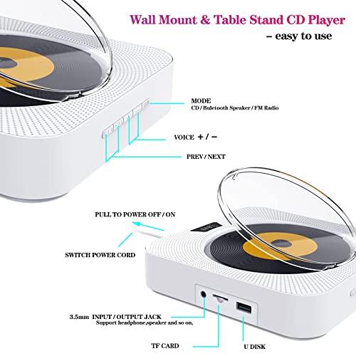 Gimigo Portable CD Player with Bluetooth, Wall Mountable CD Player with Dust Cover,FM Radio,Built-in Speakers,USB Port,AUX Input,LCD Display