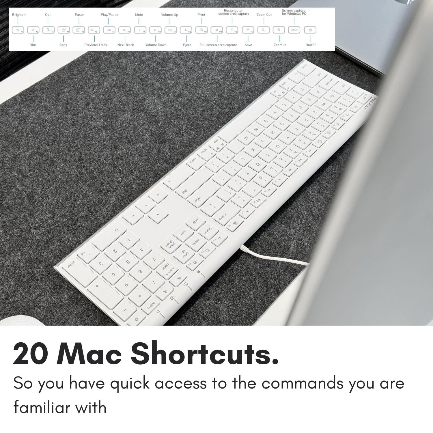 Macally Macally Slim USB Wired Keyboard for Mac and Windows - Simple and Sophisticated - USB Apple Keyboard with Numeric Keypad for Mac Mini / Pro, Macbook, iMac with 110 Scissor Switch Keys and 20 Shortcuts