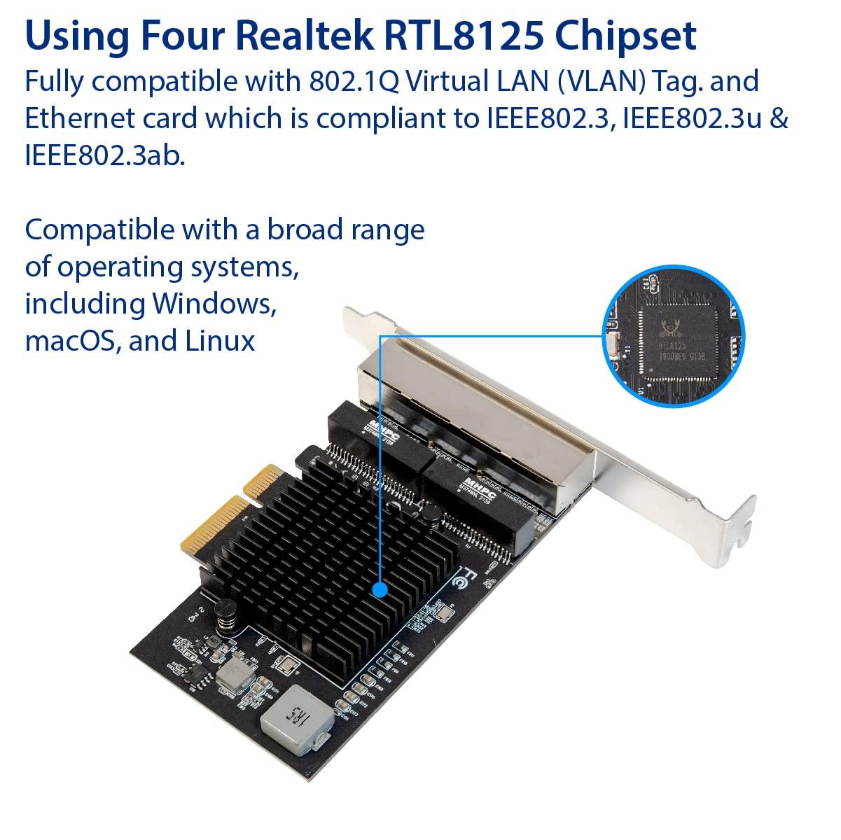 IO CREST IO CREST Quad 2.5 Gigabit Ethernet PCI Express PCI-E Network Interface Card 10/100/1000/25000 Mbps RJ45 LAN Realtek RTL8125 Chipset, Black (SI-PEX24077)