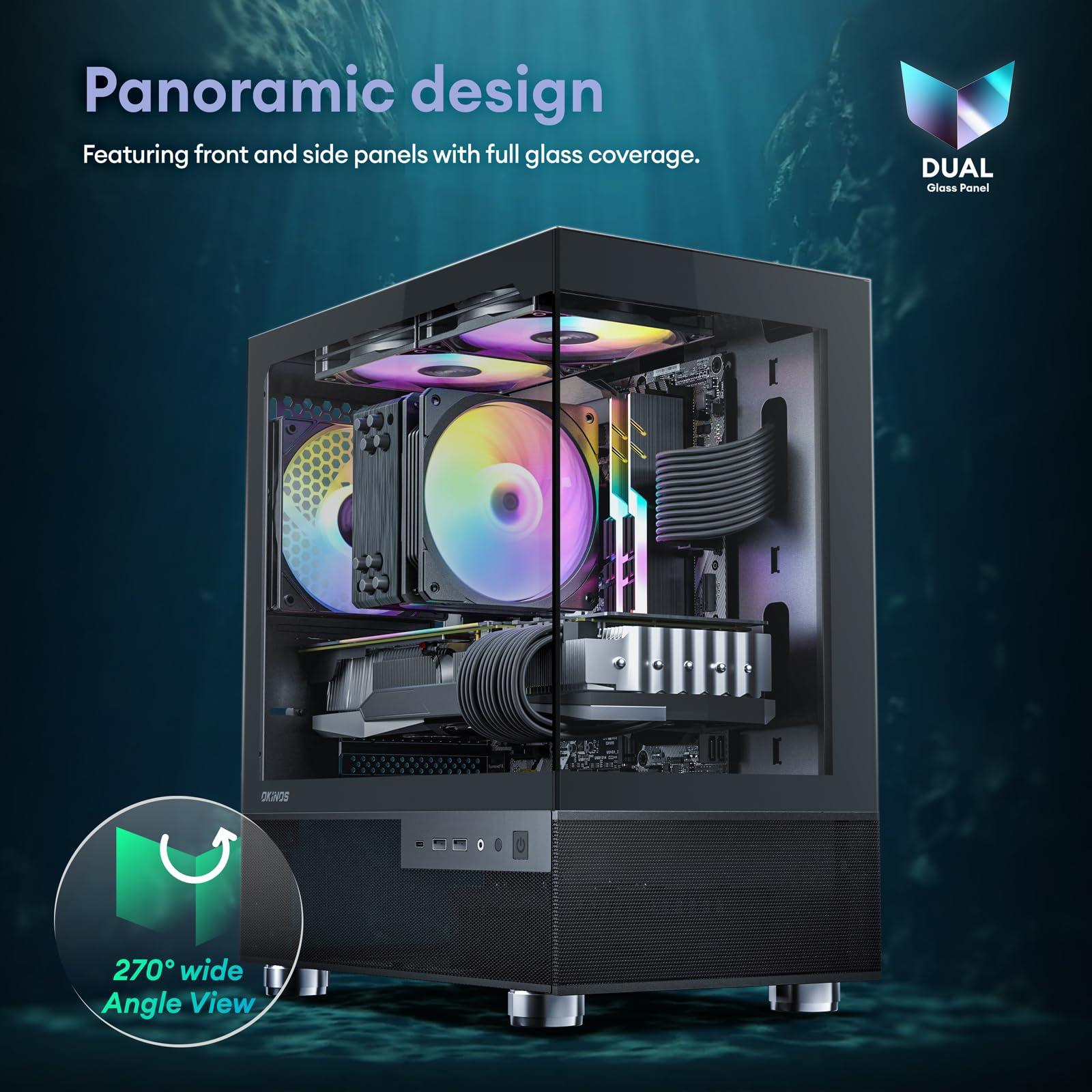 Okinos Okinos Aqua 3, Micro ATX Case, MATX PC Case with 3 X 120mm 3-Pin ARGB Fan Pre-Installed, Panoramic View Tempered Glass Front & Side Panel, with Type C Port, White