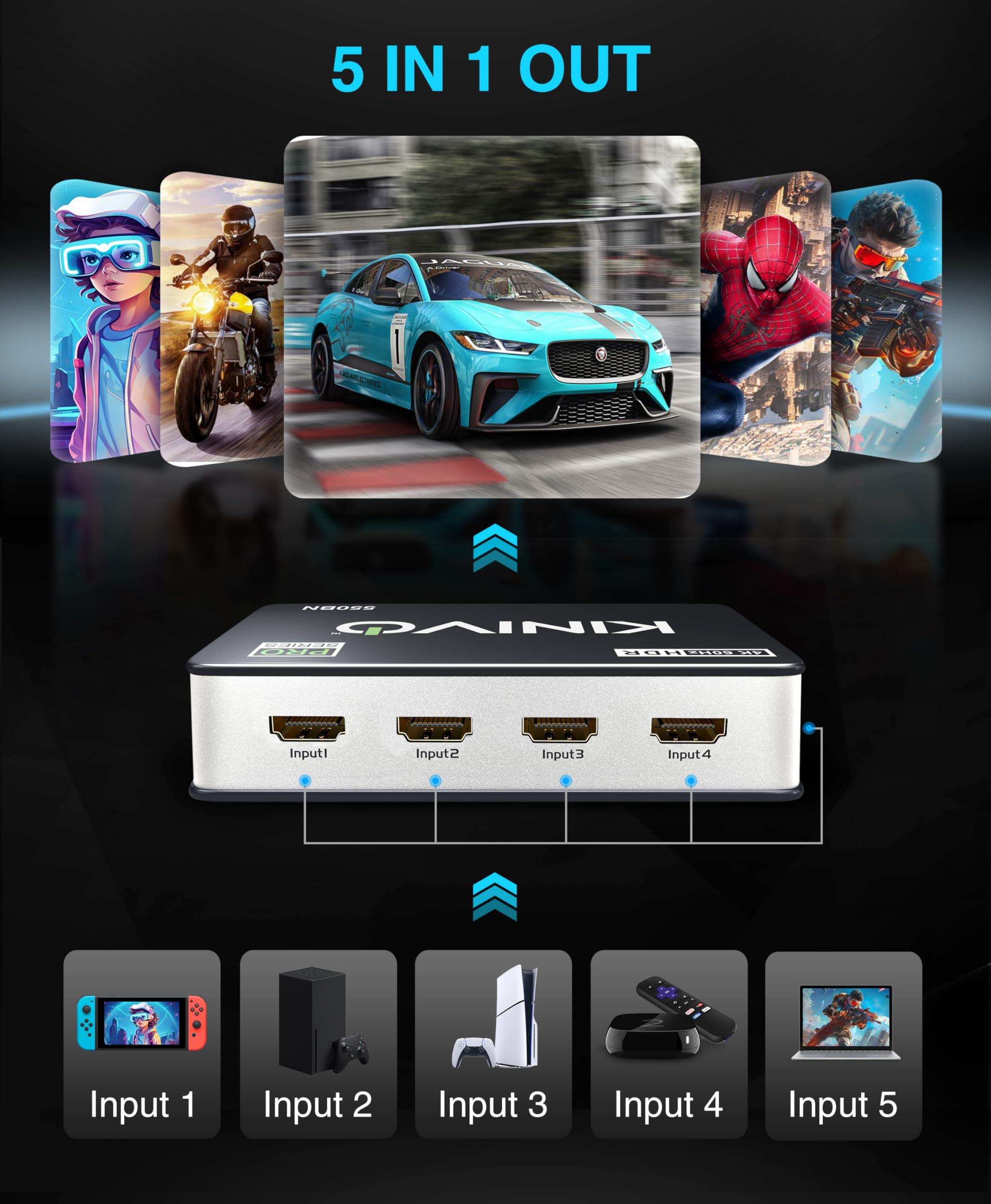 Kinivo Kinivo HDMI Switch 4K HDR 550BN (5 in 1 Out, 4K 60Hz HDR, HDMI 2.0, High Speed 18Gbps, IR Remote, HDCP) - Compatible with Roku, PS5, Xbox, Apple TV, Nintendo Switch, Cable Box
