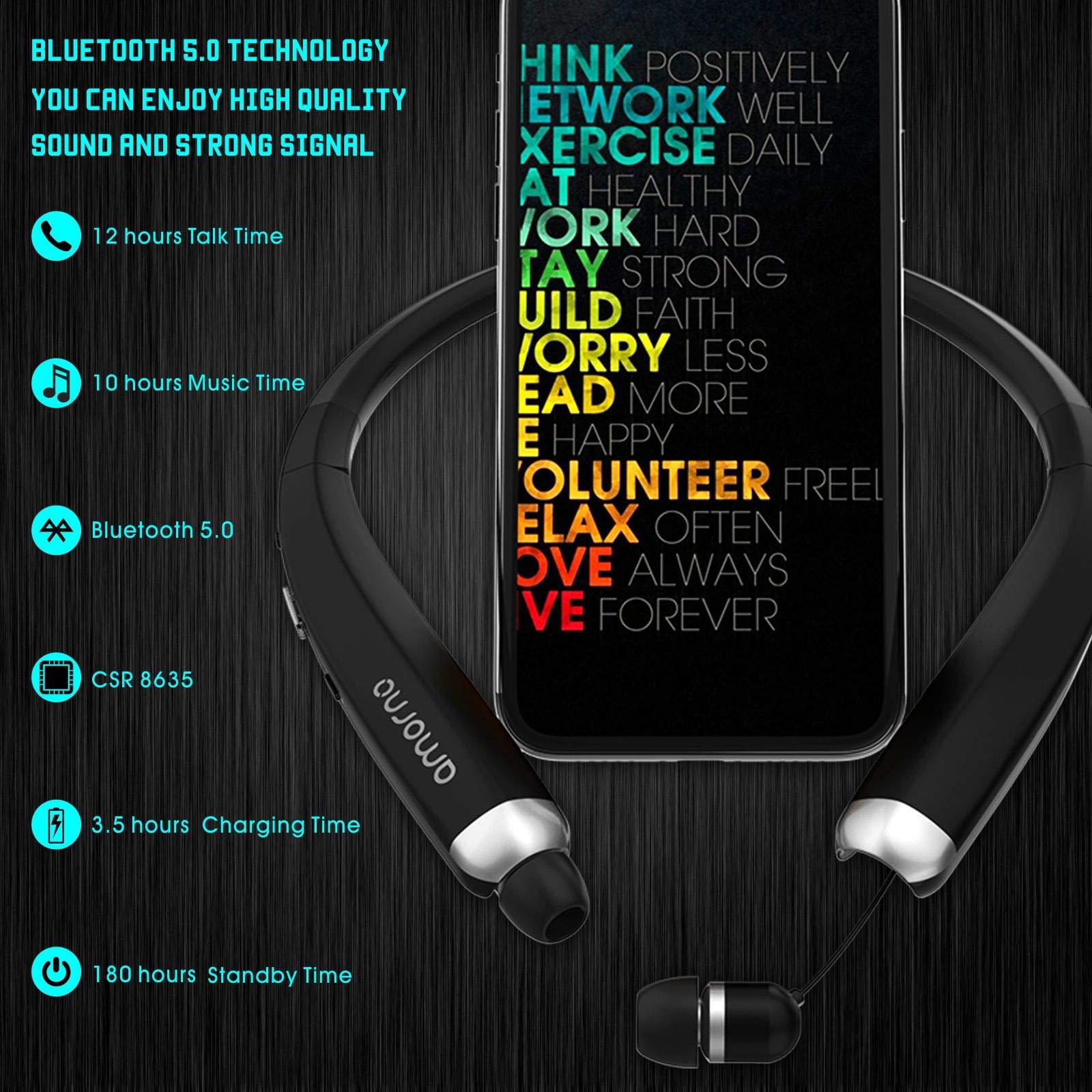 AMORNO AMORNO Foldable Bluetooth Headphones, Wireless Neckband Sports Headset with Retractable Earbuds, Sweatproof Noise Cancelling Stereo Earphones with Mic