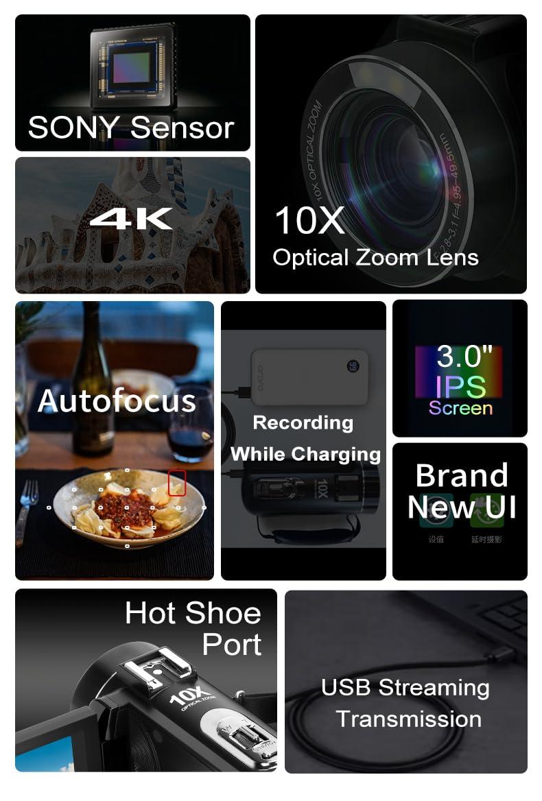 ORDRO ORDRO 4K Video Camera Camcorder 10X Optical Zoom 30MP 24FPS Vlogging Camera 3.0" IPS Touch Screen Digital Camera with 32G Memory Card