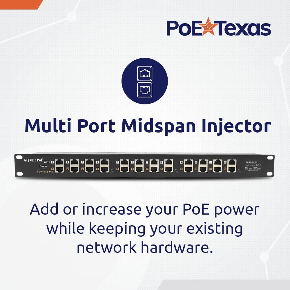 PoE Texas PoE Texas - PoE Injector - 12 Port Gigabit Passive Midspan Injector with 48V 120 Watt UL Power Supply - Power Over Ethernet for 802.3af or at (PoE+) Devices VoIP Phone, WiFi Access Point, IP Camera