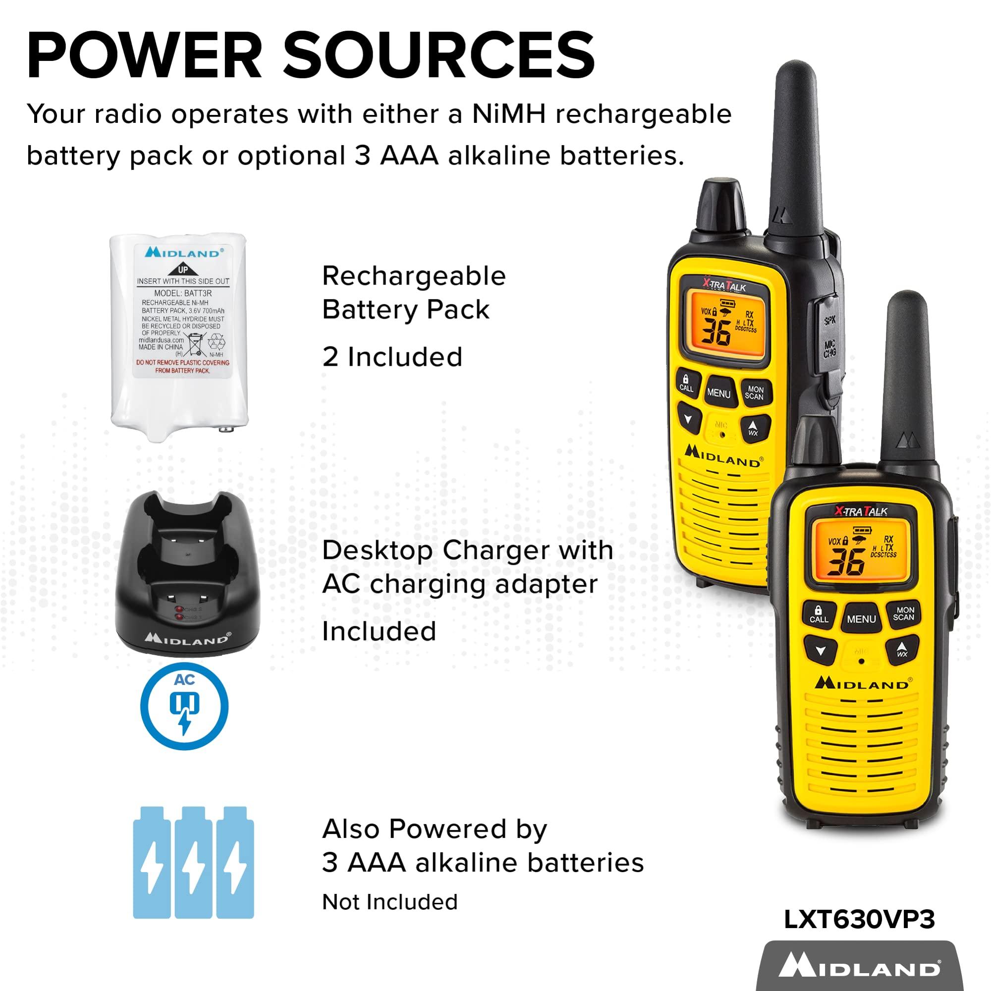 Midland Midland - LXT600VP3 Long Range Walkie Talkie - FRS Two-Way Small Business Radio Rechargeable Portable- UTV Accessories with NOAA Weather Scan + Alert, and 36 Channels (Yellow/Black, 2 Radios)