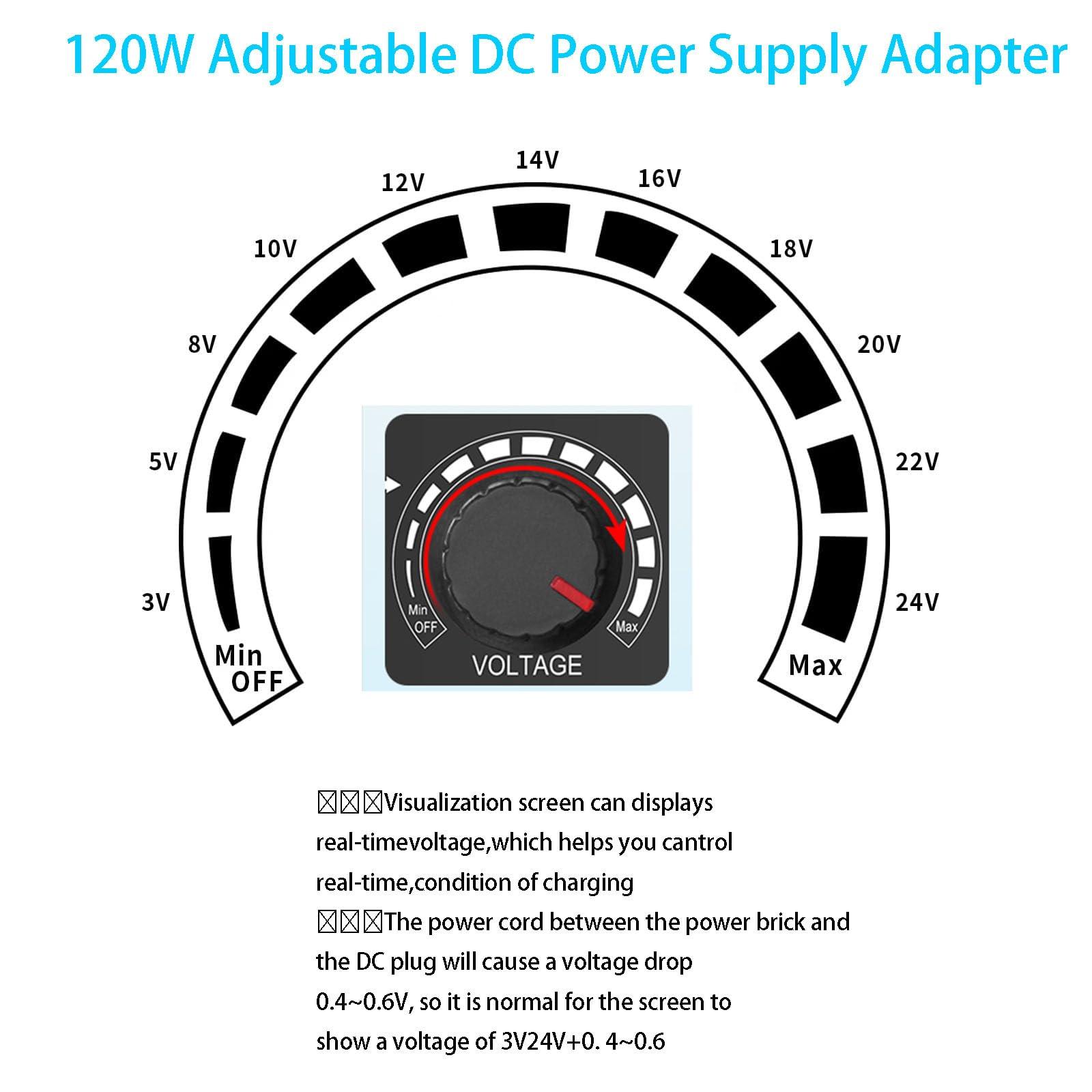 JSungHui 24V 5A 120W Universal Power Supply Adjustable DC 3V ~ 24V Variable Switching AC/DC Adapter 100V-240V AC to DC 24V 5A 120W Converter with 14 Tips & Polarity Converter - 5A Max