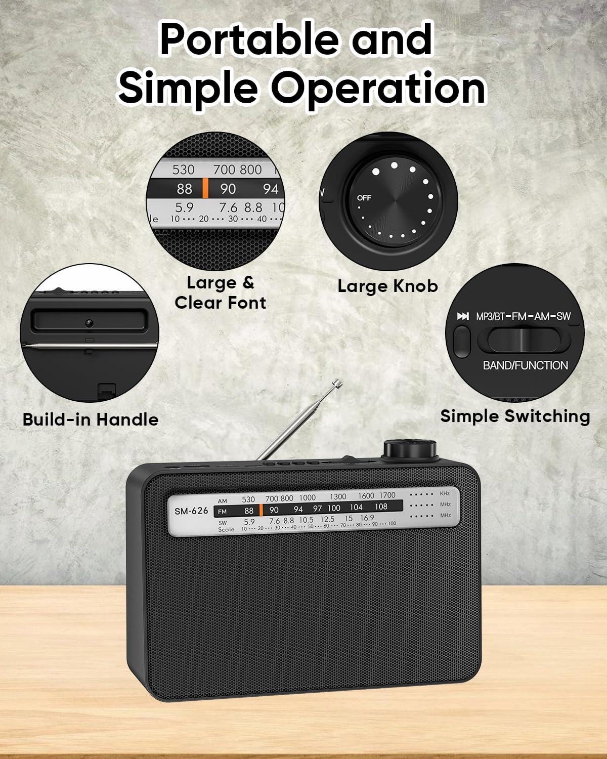 MIPDIIT MIPDIIT Portable AM FM Radio with Bluetooth Speaker, AC Plug in/USB C Rechargeable or D Battery Operated Transistor Radio, 5W Speaker, 3.5mm Earphone Jack, Support TF Card/USB Playing