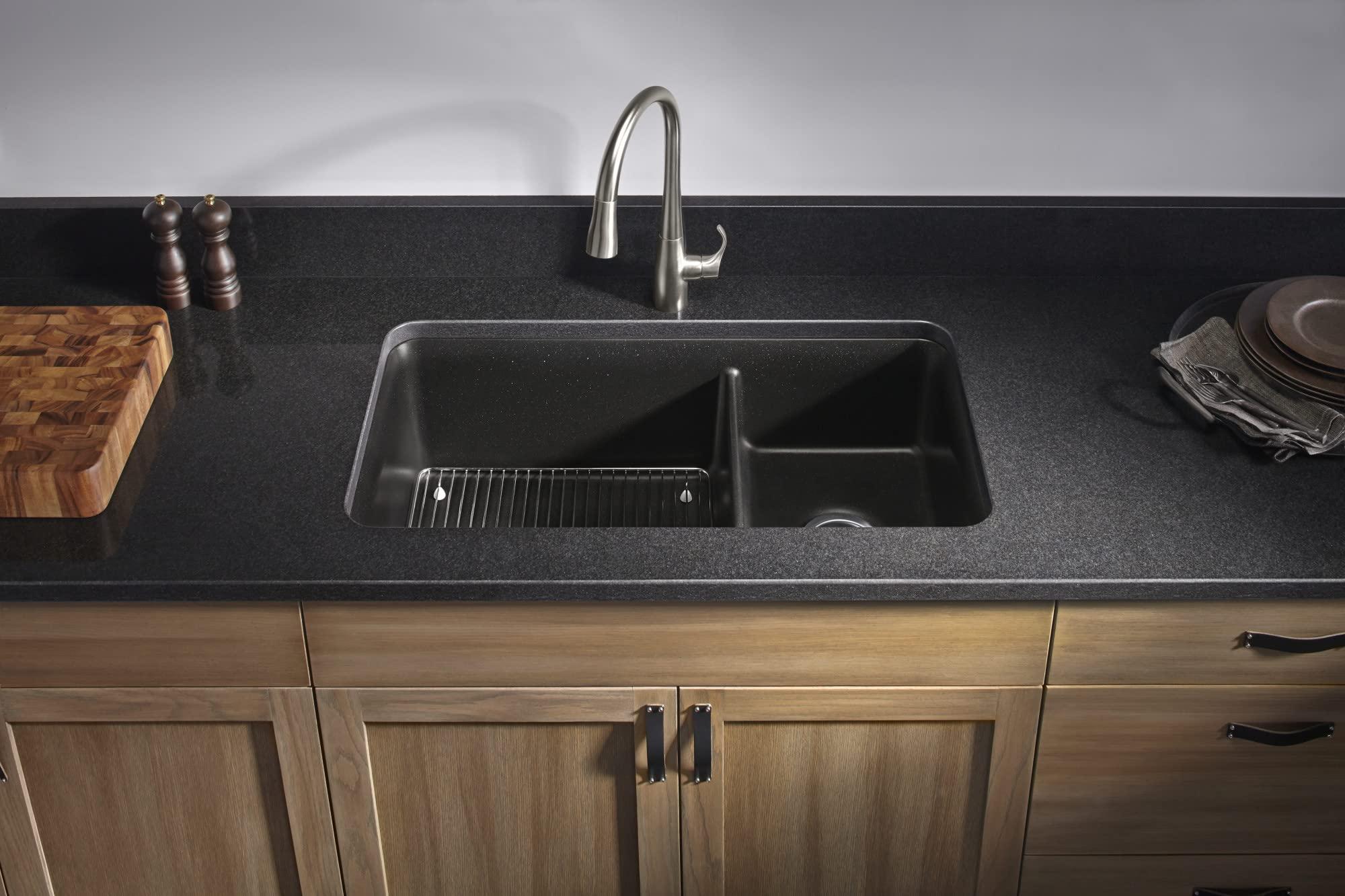 Kohler KOHLER K-8204-CM1 Cairn Sink, 33\" Neoroc Composite Undermount Double-Bowl Kitchen Sink, Composite Kitchen Sink with Sink Rack, Matte Black