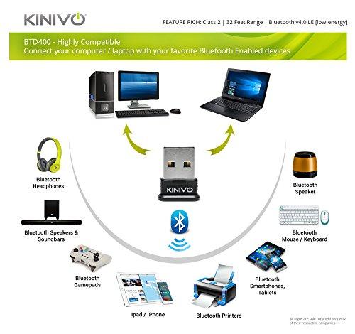 Kinivo Kinivo USB Bluetooth Adapter for PC BTD400 (Bluetooth 4.0 Dongle Receiver, Low Energy) - Compatible with Windows 11/10/8.1/8, Raspberry Pi, Linux, Laptop & Headphones