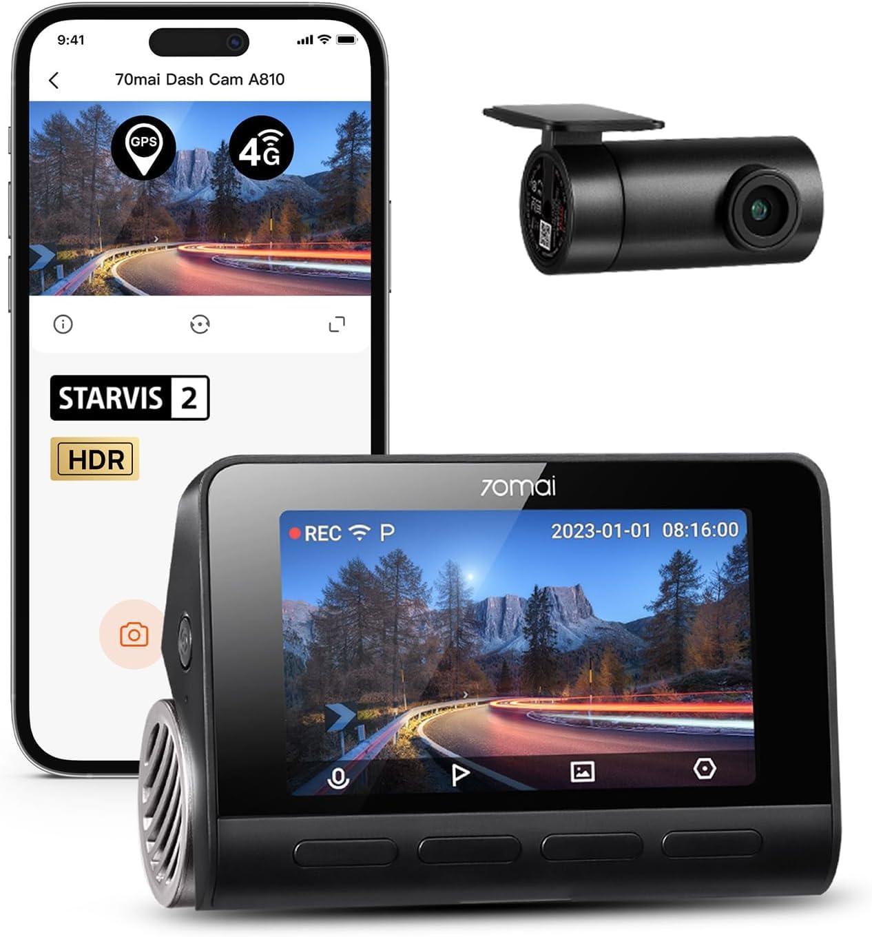 70mai 70mai A810 4K Dash Cam Front and Rear, Dual Dash Camera for Cars with Starvis 2 HDR Night Vision, ADAS, Built in GPS&WiFi, 4G Support, 24/7 Parking Mode, AI Motion Detection, Time-Lapse, APP Reminder
