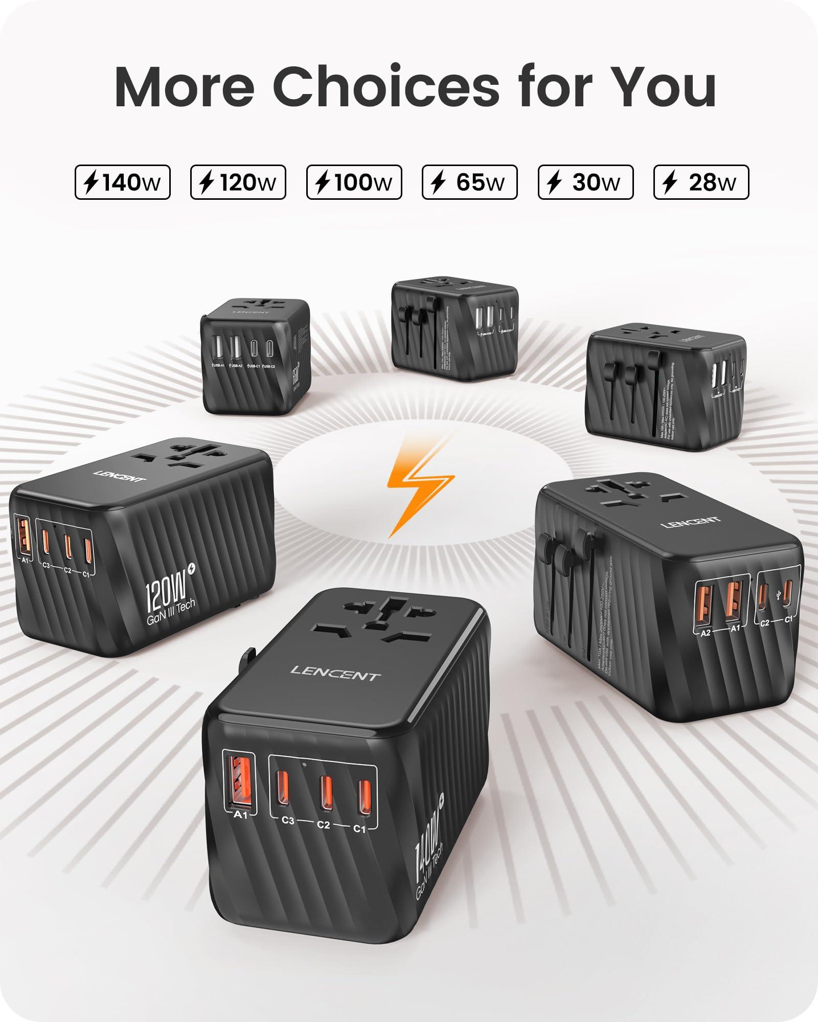 LENCENT LENCENT Universal Travel Power Adapter, International AC Plug Adaptor with 5.6A 3 USB C 2 USB A Ports Wall Charger Worldwide Travel Essentials for US to EU UK Ireland Australia (Type C/G/A/I) Black