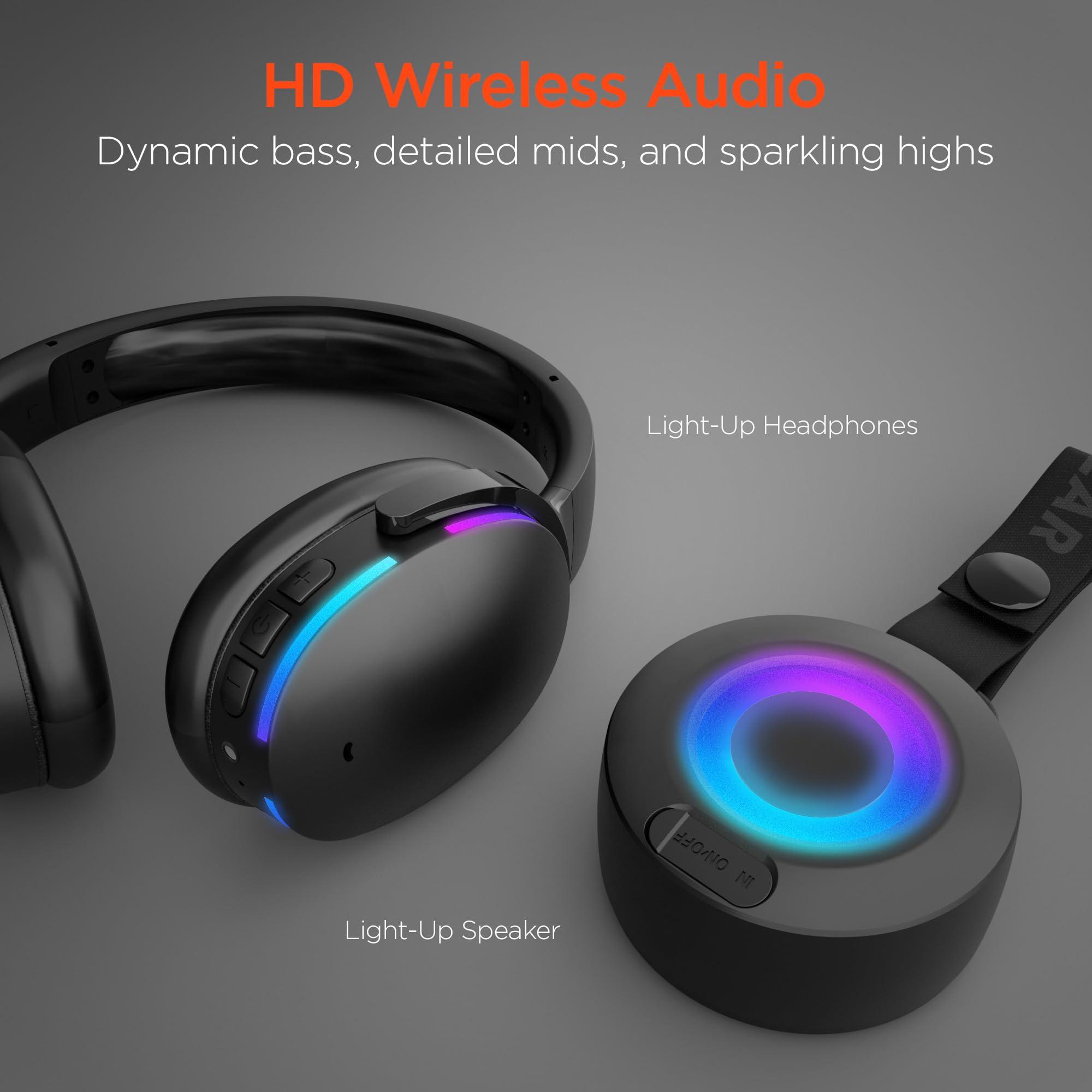 HyperGear HyperGear Wireless Bluetooth Headphones + Loud HD Stereo Sound Speaker Over-Ear Noise-Isolating Fit Headset with Built-in Mic [LED Light Up Earphones + Speaker] Black