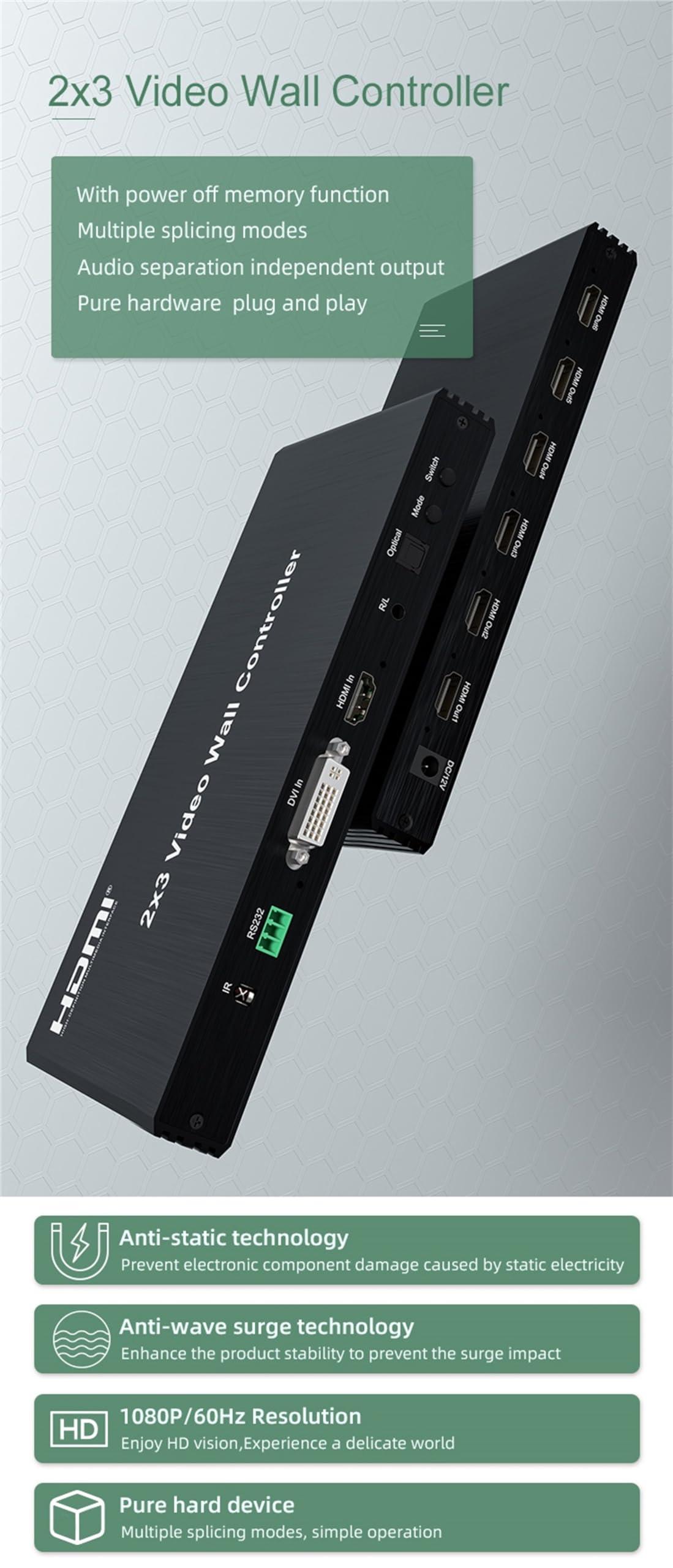 XYKJOBC 2x3 HDMI Video Wall Controller DVI TV Wall Processor with Audio 1080P 60Hz 2x3 2x2 2x1 1x2 3x2 TV Wall 6 Screen Video Wall Stitching Processor TV Splicing Box 180 Degree Rotate