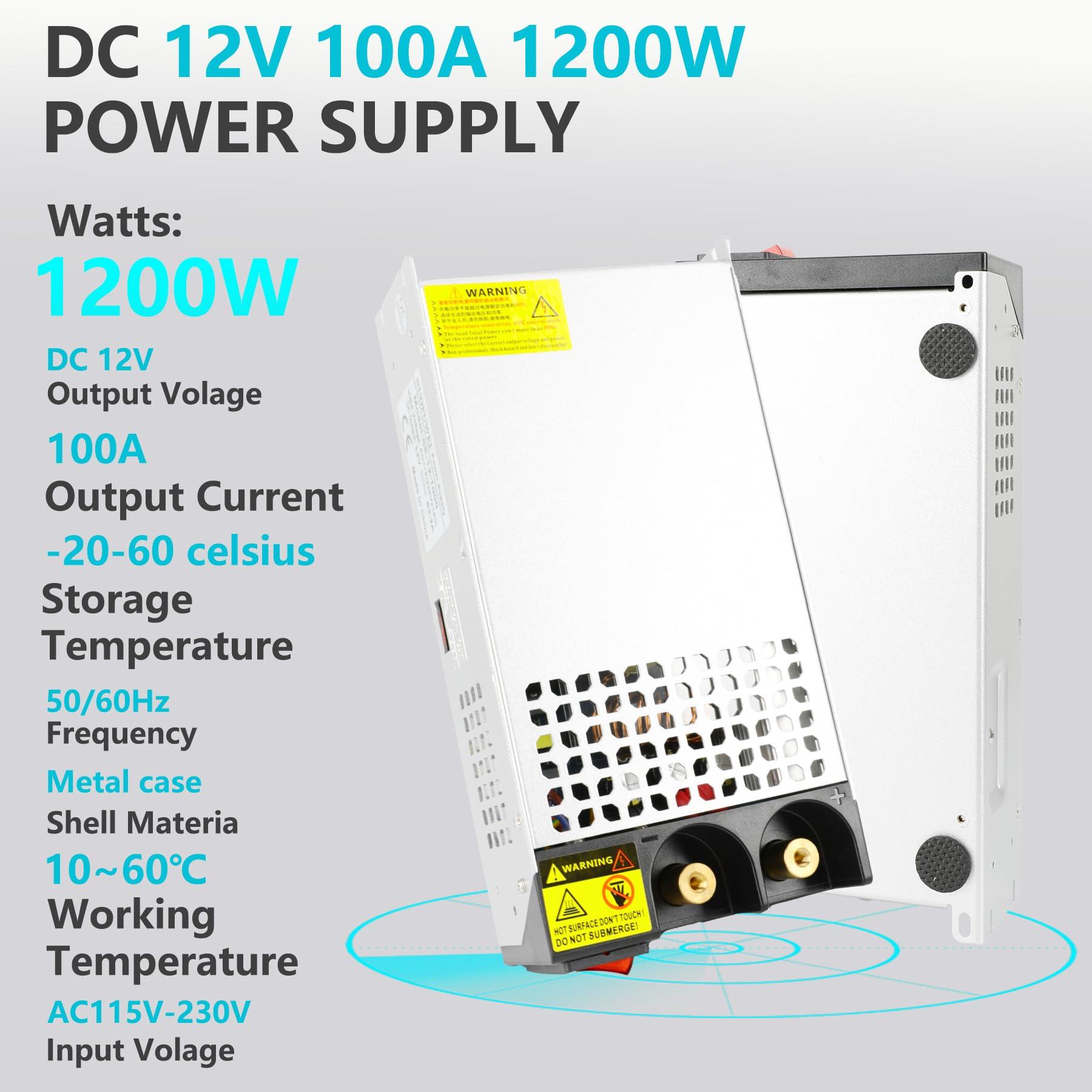 VIXKPIRR New Version DC 12V 100A 1200W Power Supply, 110V AC to 12V DC Converter Transformer Adapter 100amp 1200W Switching Power Supply for LED Strip Light CCTV Camera Security System Radio 3D Printer