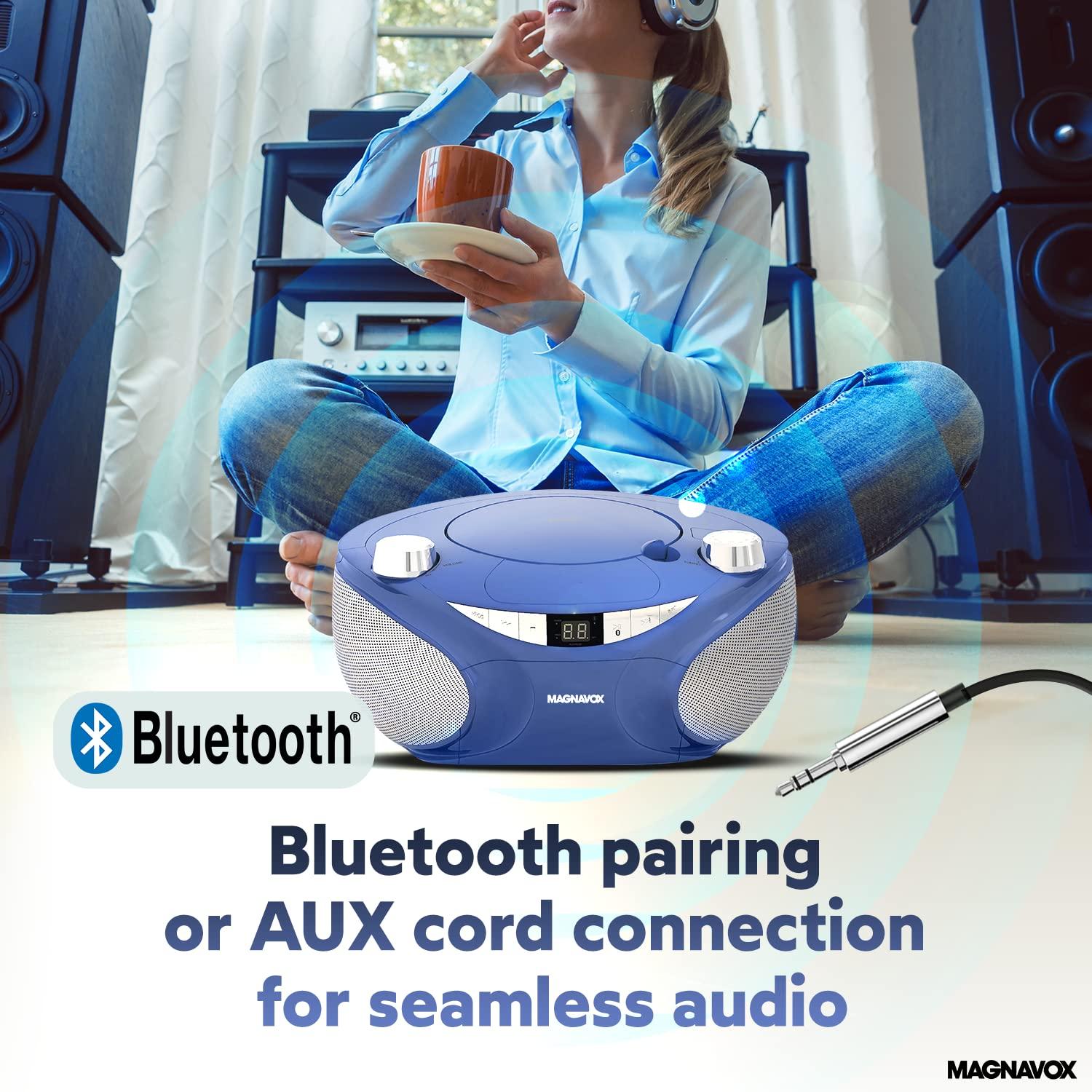 Magnavox Magnavox MD6949 Portable Top Loading CD Boombox with AM/FM Stereo Radio and Bluetooth Wireless Technology in Black | CD-R/CD-RW Compatible | LED Display | (Blue)