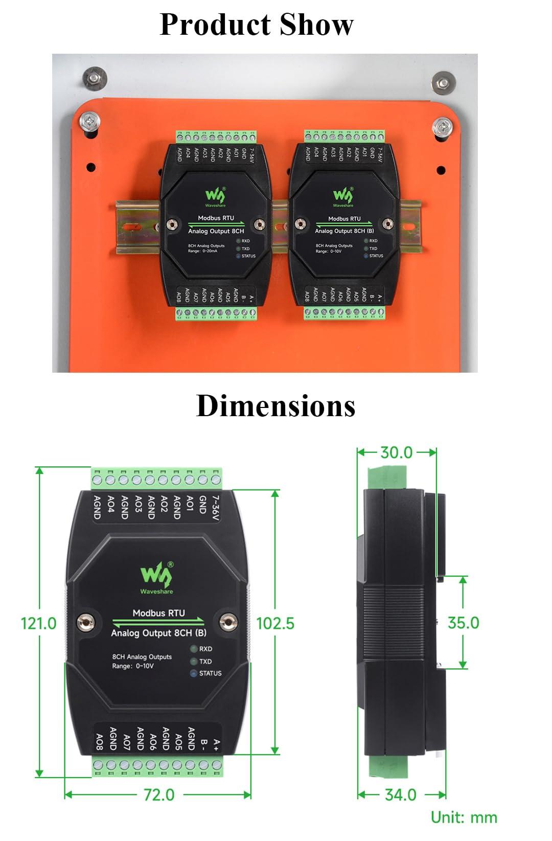 UeeKKoo Industrial 8-Ch Analog Output Module 12-bit DA Conversion DC 7~36V Wide Voltage Power Supply, Sending Modbus RTU Protocol Commands via RS485, 8-CH Simultaneous Current Output (0~20mA)