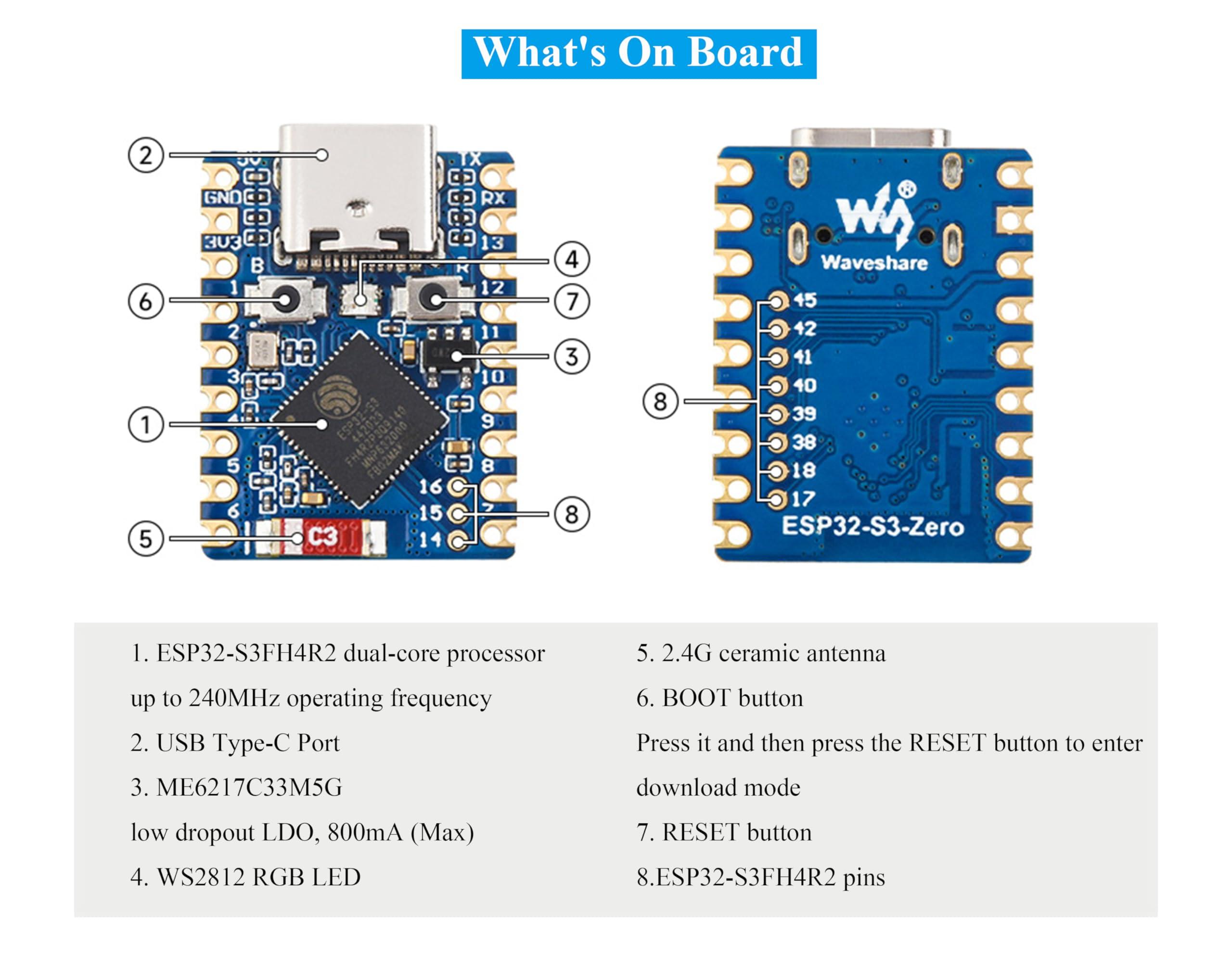 waveshare ESP32-S3 Mini Development Board, Based on ESP32-S3FH4R2 Dual-Core Processor, 240MHz Running Frequency, 2.4GHz W-i-F-i & Blue-Too-th 5, Onboard 4MB Flash Memory/2MB PSRAM