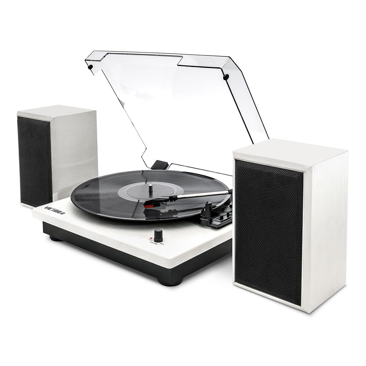 Victrola Victrola Montauk Vinyl Record Player, Natural Wood Finish, 3-Speed Belt Driven Turntable with Stereo Bluetooth Speaker Pair, RCA Output and 3.5mm Headphone Jack, Removable Dust Cover