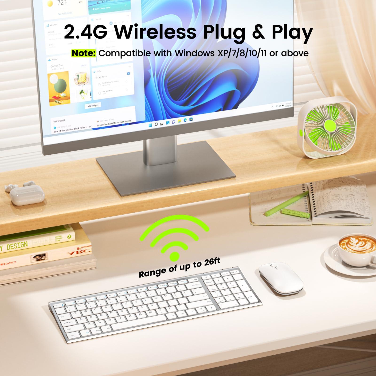 seenda seenda Rechargeable Wireless Keyboard Mouse, Ultra Thin Low Profile Wireless Keyboard and Mouse with Number Pad, Quiet Portable Combo Compatible for Windows XP/7/8/10/11/11 Pro, Silver White