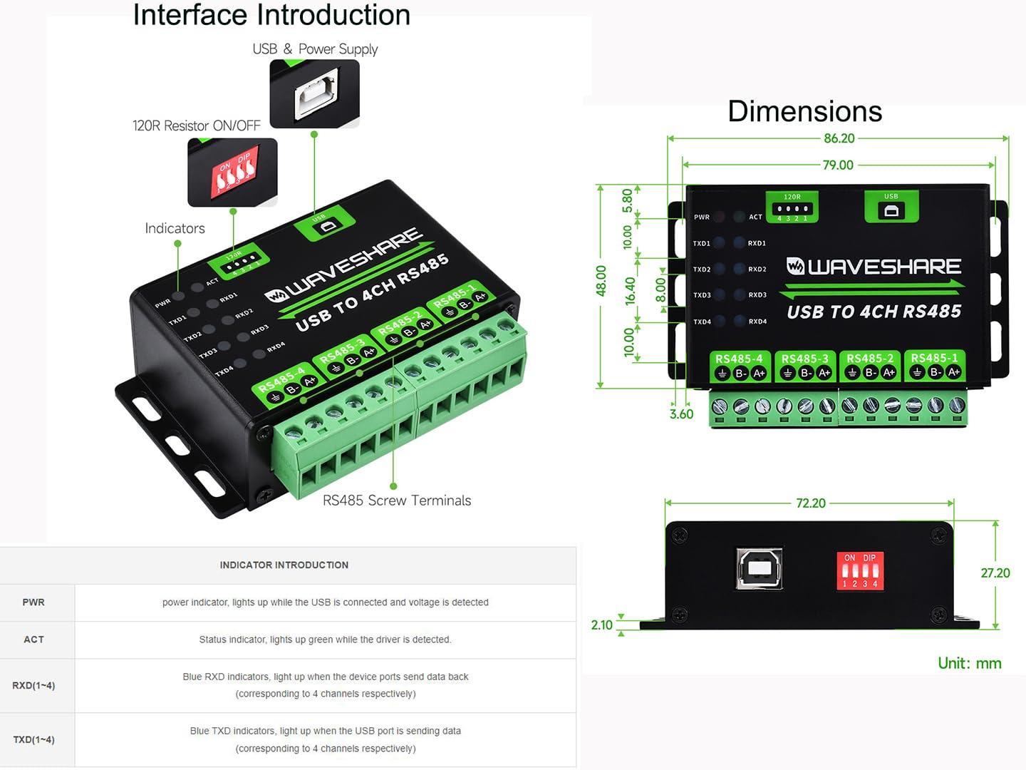waveshare waveshare Industrial USB to RS485 Converter Extending USB to 4CH RS485, 1200bps ~ 460800bps Baudrate, Transmission Distance up to 1.2km, Compatible with Win7/8/8.1/10/11, Mac, Linux, Android,etc