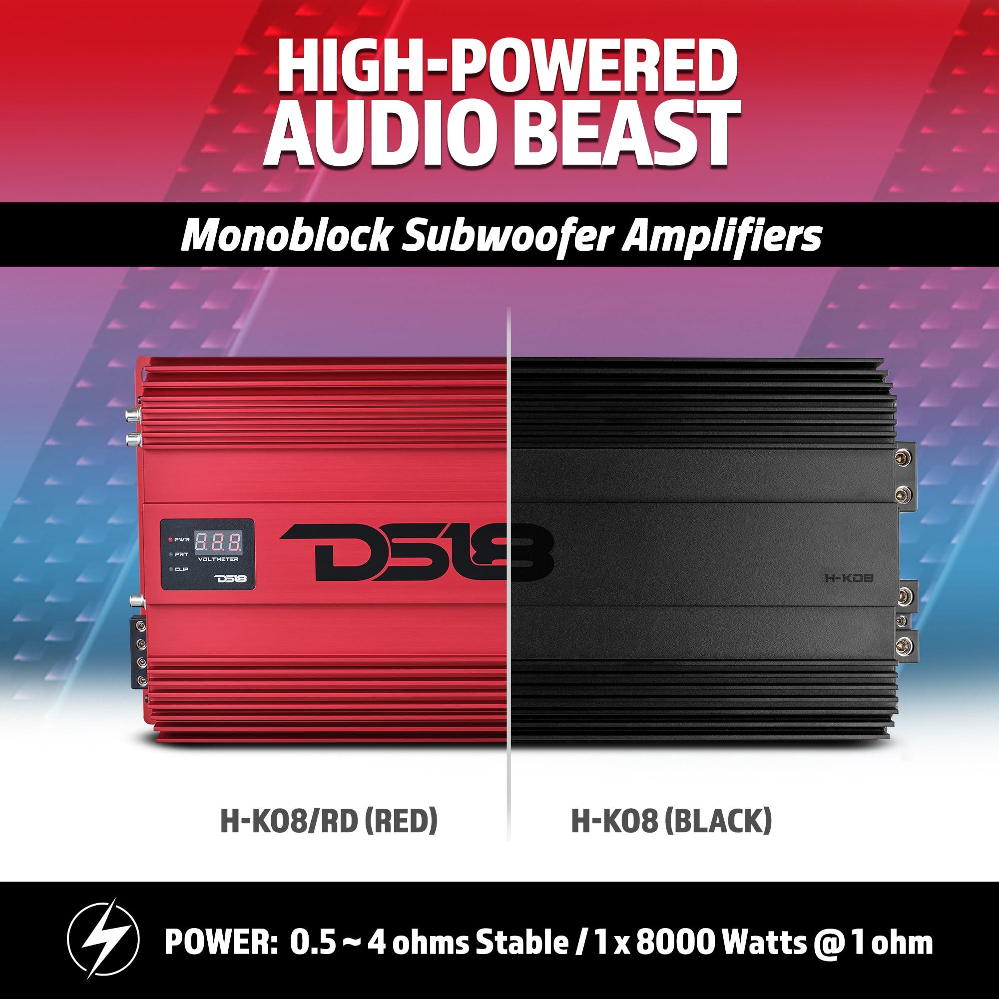 DS18 DS18 H-KO8/RD Korean Half Bridge 1-Channel Monoblock Amplifier with Voltmeter and Clip Indicator, 8000 Watts RMS - High-Performance Car Amp, Remote BASS Knob Included