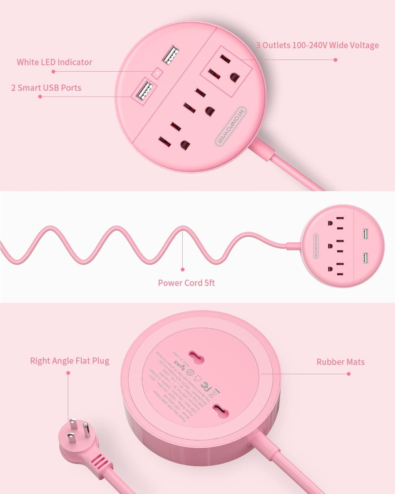 NTONPOWER Pink Extension Cord 15ft, NTONPOWER Flat Plug Power Strip with Long Extension Cord, 3 Outlet 2 USB Desktop Charging Station Wall Mount for Home, Dorm Room, Office and Nightstand, ETL Listed