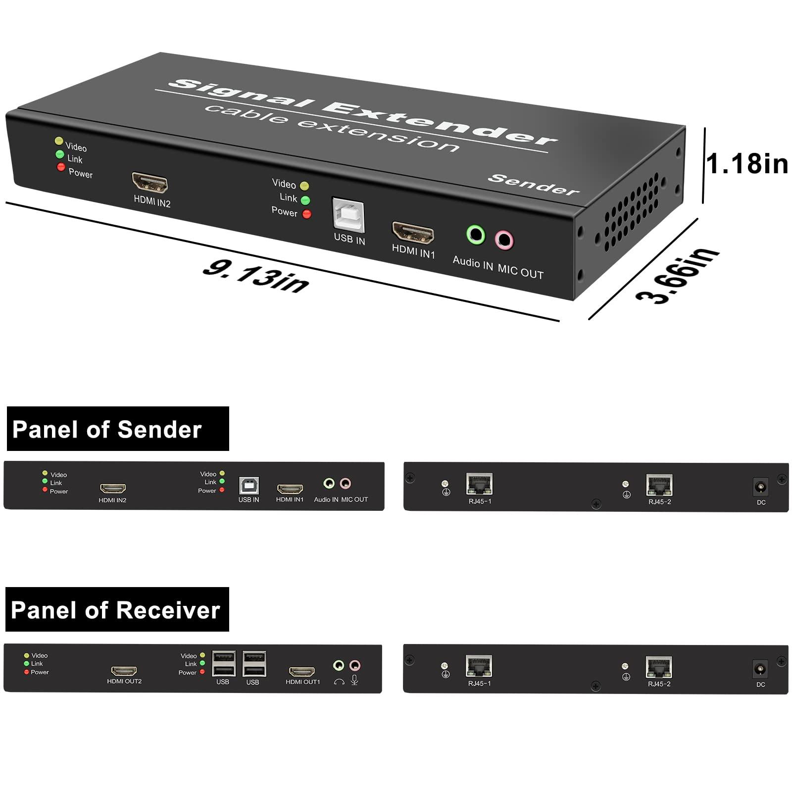 LornCeng Dual Monitor KVM Extender Over Cat5e/6/7 up to 120M(394ft), 4K@30Hz Dual HDMI KVM Extender for 2 Monitors, 2 rj45 Ports, 4 USB2.0 Hub Over Ethernet, Audio&Microphone