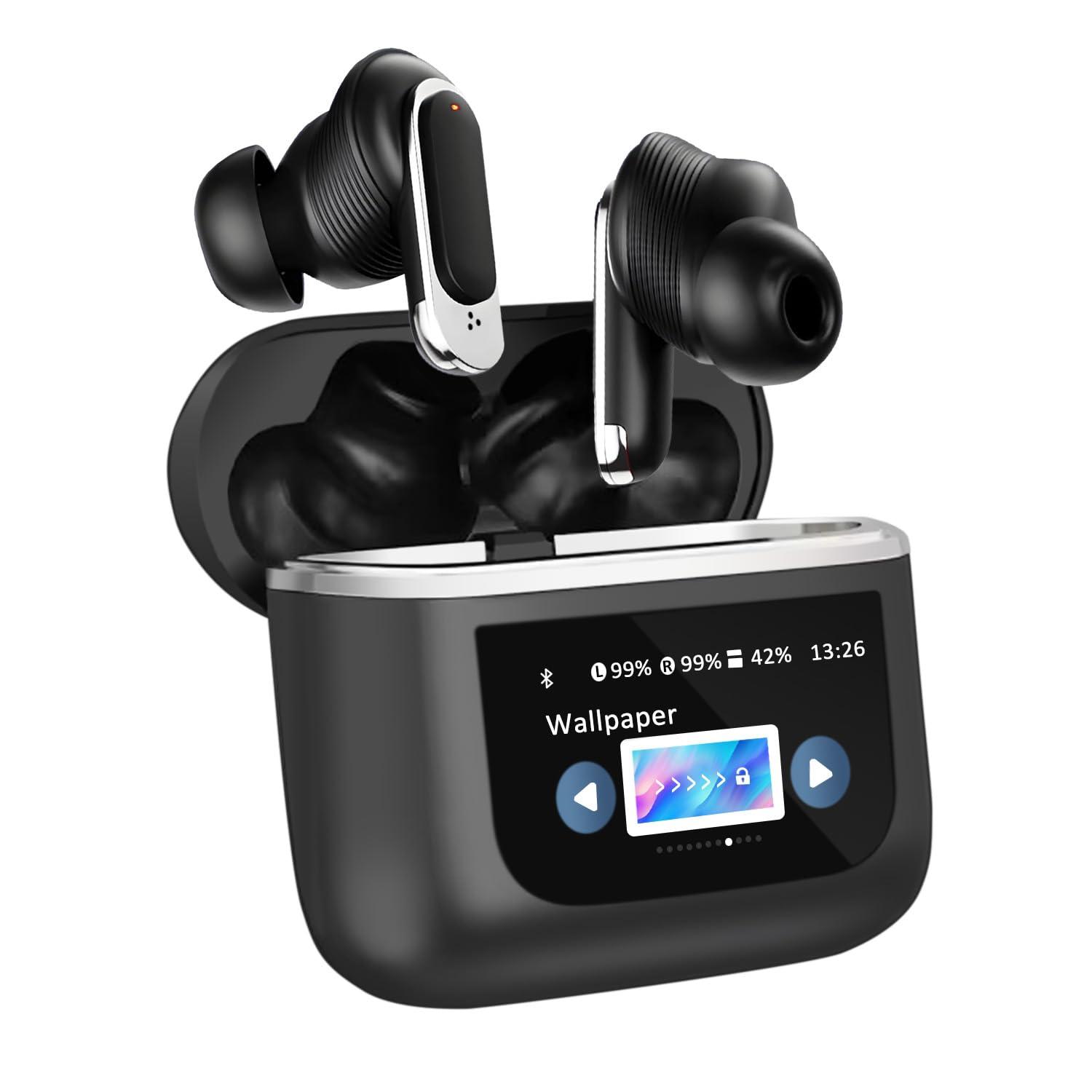 Alpha Digital Alpha Digital Wireless Earbuds with LCD Touch Screen, Bluetooth 5.3, Noise Cancelling, 1.47" Screen, 32H Playback, IP4 Waterproof, Lightweight, ANC & Transparency Mode, 450mAh Wireless Charging Case