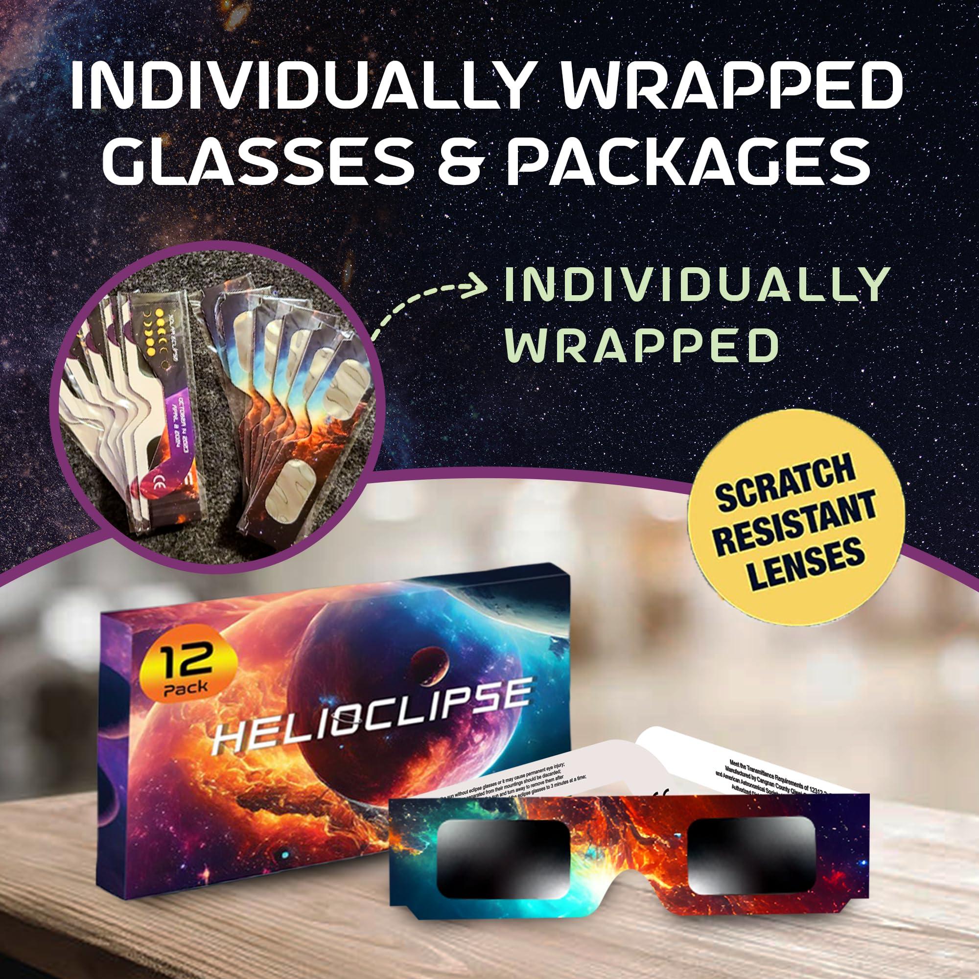 Helioclipse Solar Eclipse Glasses AAS Approved 2024 - [12 Pack] Trusted for Direct Solar Eclipse Viewing - ISO 12312-2 & CE Certified