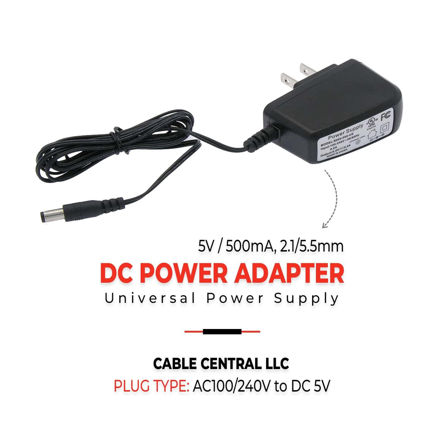 Cable Central LLC Cable Central LLC (5 Pack) DC Power Adapter - 5V / 500mA, 2.1/5.5mm Plug - AC100/240V to DC 5V - DC Power Supply for Router, Speaker, Tablet, Camera, Webcam, USB Hub and TV Box - 5 Feet Long Cord