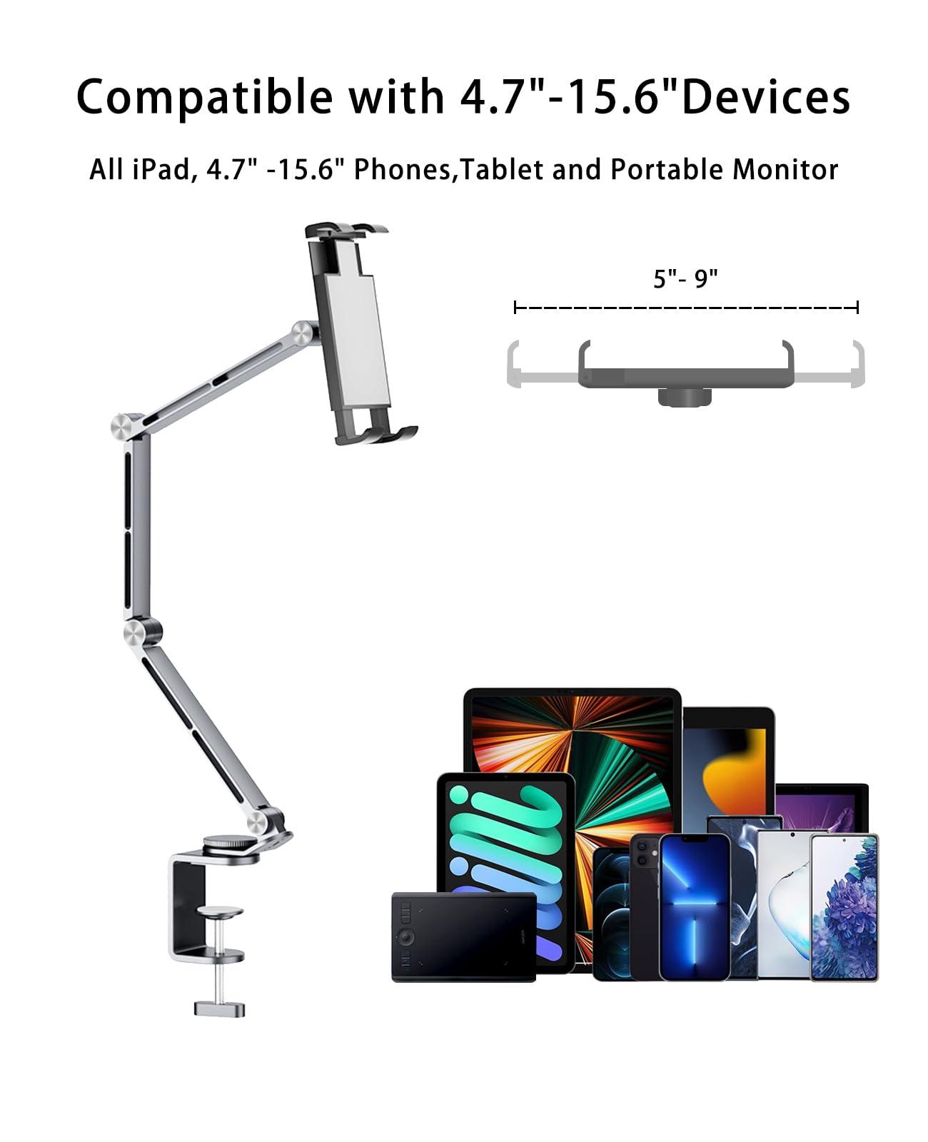 HIBORI HIBORI iPad Mount for Desk Aluminum Alloy Tablet Stand Foldable Overhead Arm Holder Mount Fits for 4.7-15.6" Screen Phone,Kindle,Fire HD,Monitor,iPad,Galaxy Tab Series (Silver)