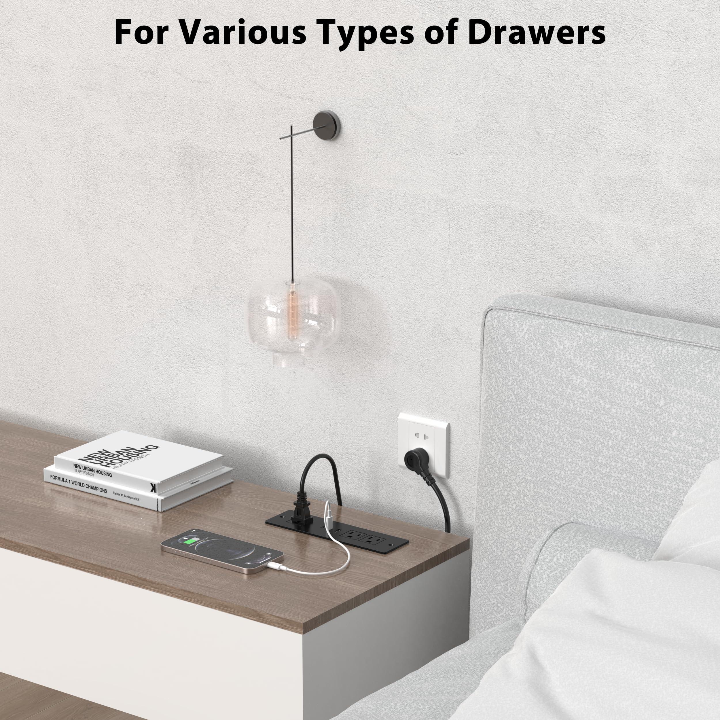 HEZI Furniture Drawer Outlet, Recessed Power Strip with (3) PD 20W USB Ports Fast Charging & (3) 15 Amp AC Outlets, (14 AWG) 5 FT Spring Black Cord