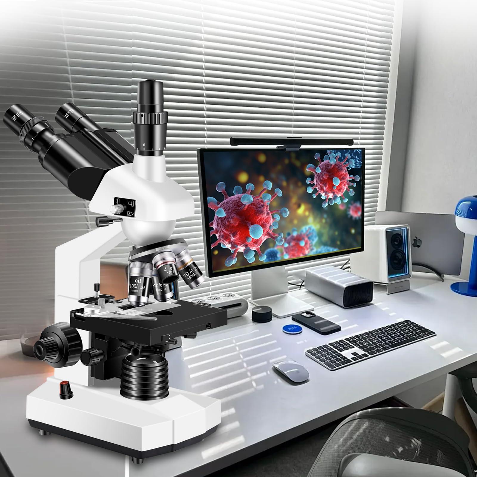 Woehrsh Trinocular Microscope 40X-5000X Magnification, Microscope for Adults, Laboratory Grade with Dual Mechanical Stage and HD USB Camera Microscope (Adult Trinocular Microscope with Electronic Eyepiece)